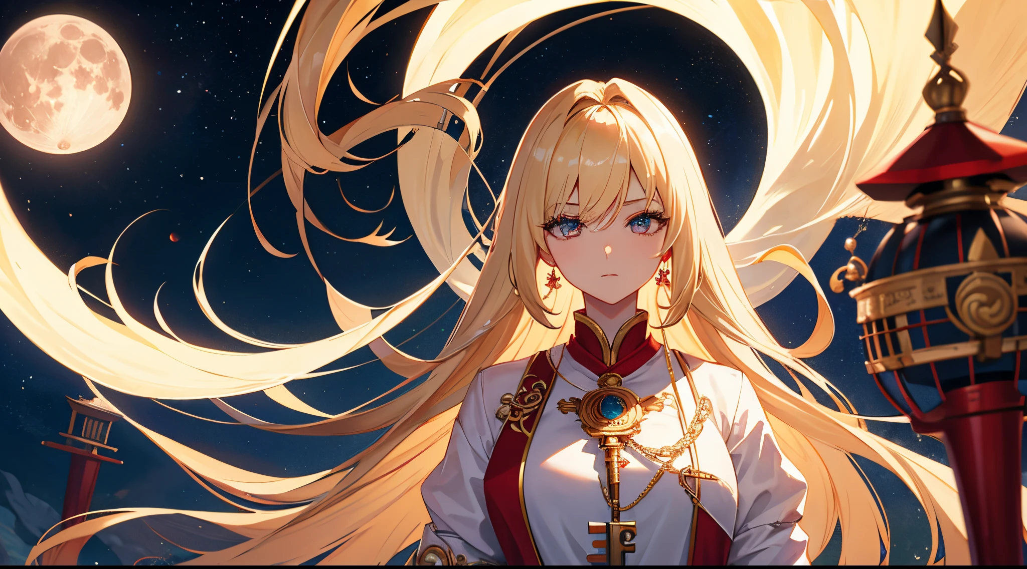 Anime girl with long blonde hair and a sword in front of a full moon ...