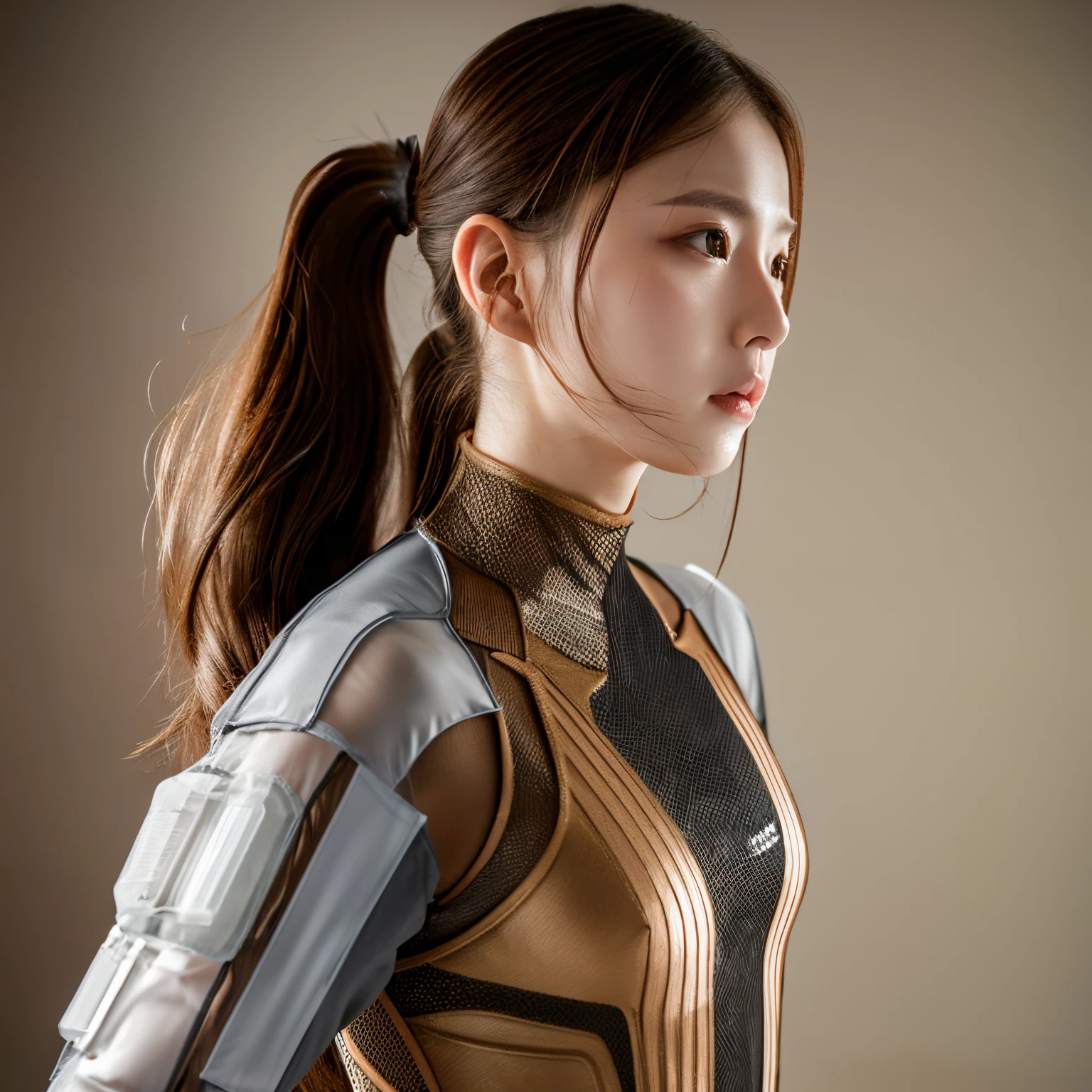 26 year old woman brown hair ponytail　A transparent armored suit that is perfectly sized and allows you to see through the body.　Live Action　full bodyesbian　I'm injured　Have a gun　The background is a fort