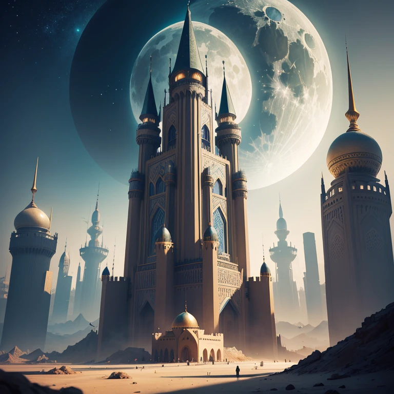 there is a large futuristic masterpiece Arabian castle in Quranic art style in the middle of a futuristic city with a moon, in fantasy sci - fi city, sci-fi fantasy wallpaper, masterpiece concept art cityscape, epic Arabic calligraphy art sci fi illustration, huge futuristic islamic design, fantasy scifi, with masterpiece Quranic art desktop wallpaper, fantasy art city background, in front of a fantasy city, fantasy city, in a castle on an alien planet with masterpiece Calligraphy.
