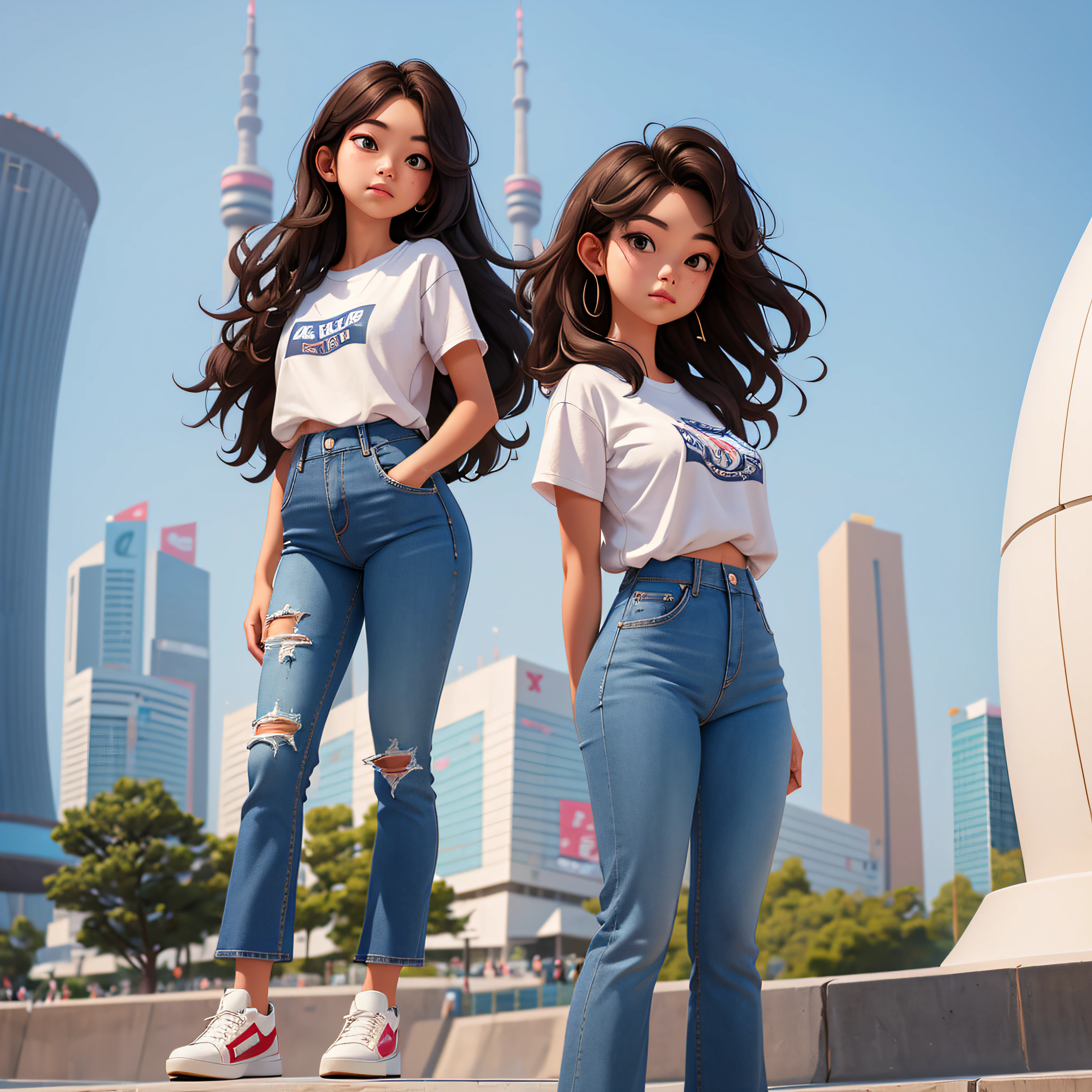 a girl wearing bootcut jeans and white t shirt with long wavy hair standing in front of namsan tower in korea