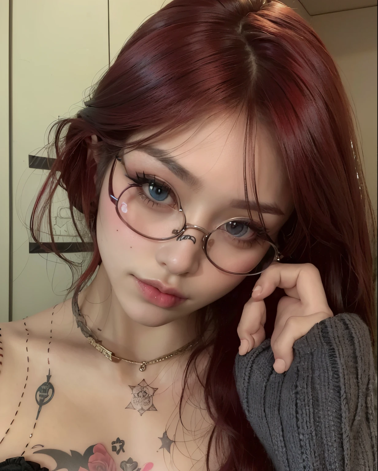 a close up of a woman with glasses and a tattoo on her chest, with long hair and piercing eyes, with glasses, with square glasses, cruel korean goth girl, 1 7 - year - old anime goth girl, ulzzang, wearing thin large round glasses, 1 7 - year - old goth girl, wearing small round glasses, with long red hair