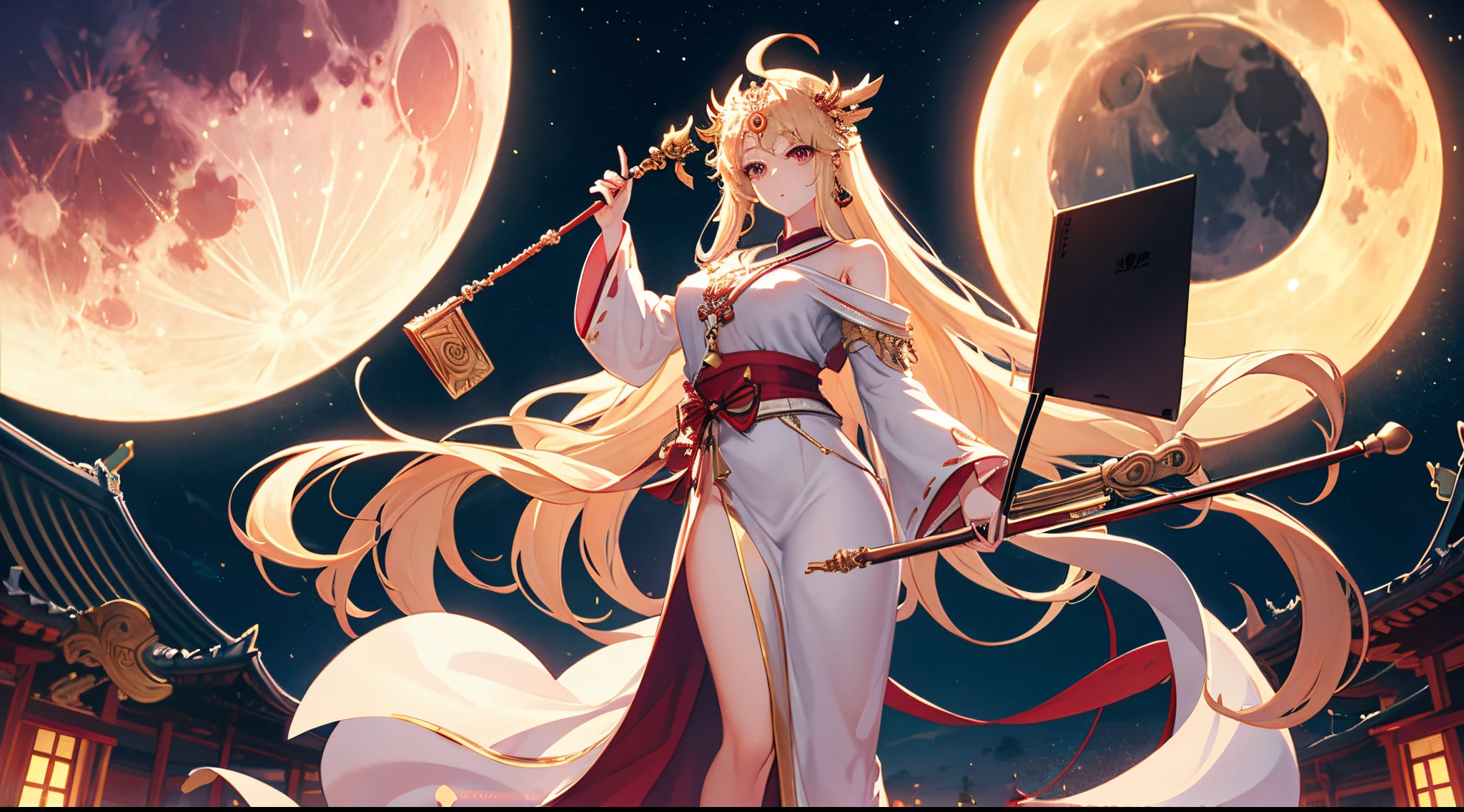 Masterpiece, best quality, Gigantic Key staff, Full Blood Moon, White headphone, blonde, Korean, beautiful face, tall, slender, goddess of the moon, detailed face, moon temple, full body