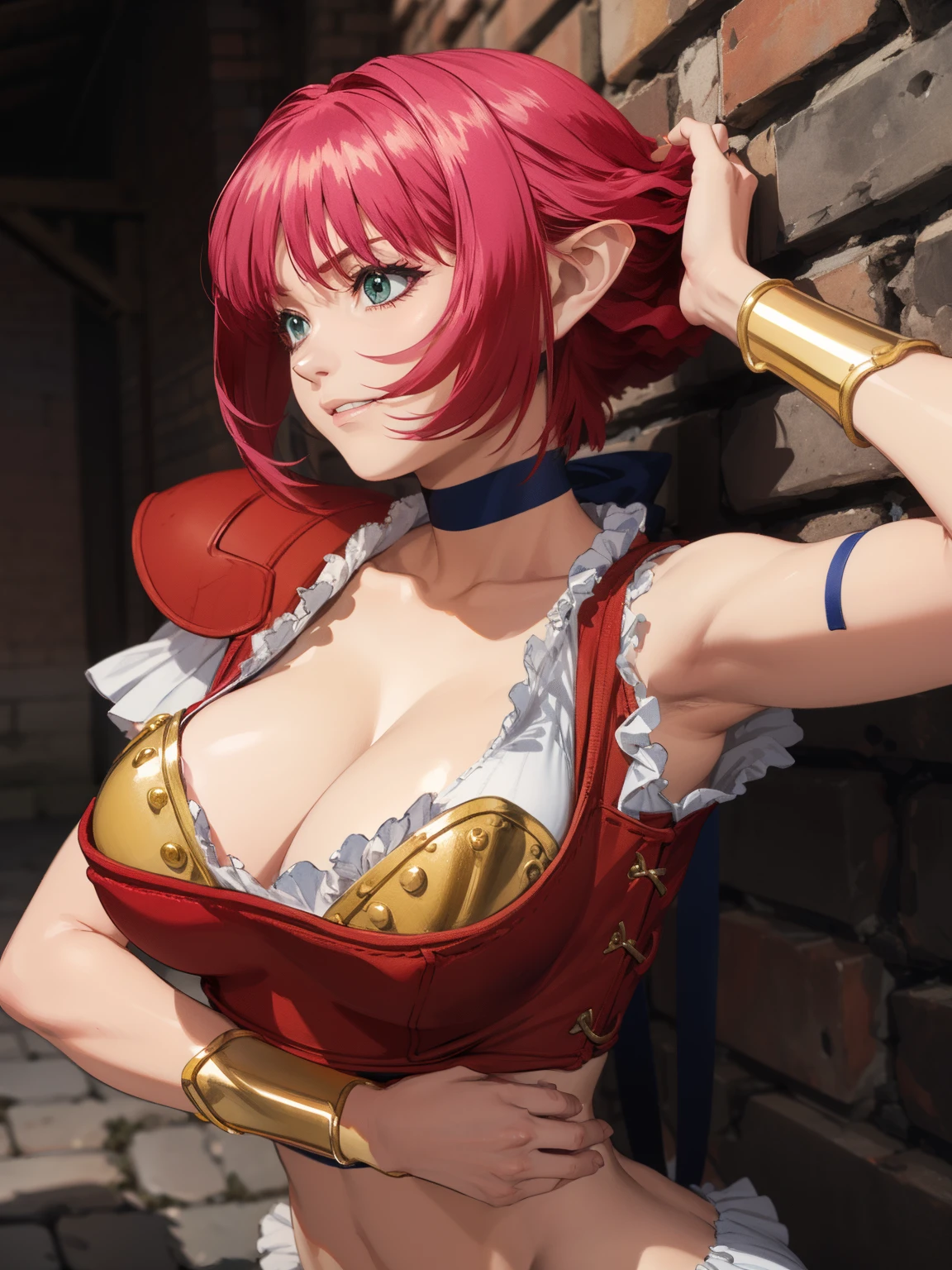 ((Beautiful nipple、shinny skin:1.4,large areola))、Shoulder blades、a choker、croptop、cleavage of the breast、A bracelet、armlet、pelvis curtain、anklets、sandal、shoulder armer、A slightly larger chest will emphasize it，bustshot、from the front side、upper body,Dark Dungeon、stone wall without sunlight、(Grab your chest with both hands、Grabbed by the chest from behind)