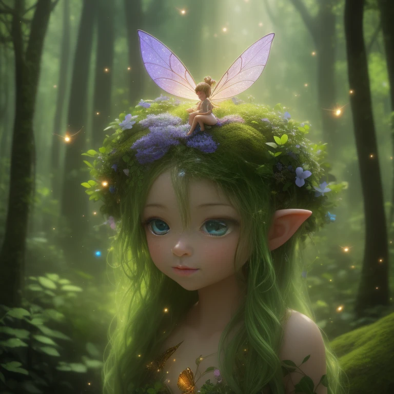 Enchanting UHD 8K realistic 3D rendering of a tiny fairy surrounded by a breathtaking swirling forest, bright rainbow fireflies. Leprechaun'Fingertips that emit a soft light, Enchanting light, Fireflies flying gracefully create a fantastic atmosphere, give off a golden glow. truly amazing natural beauty!
