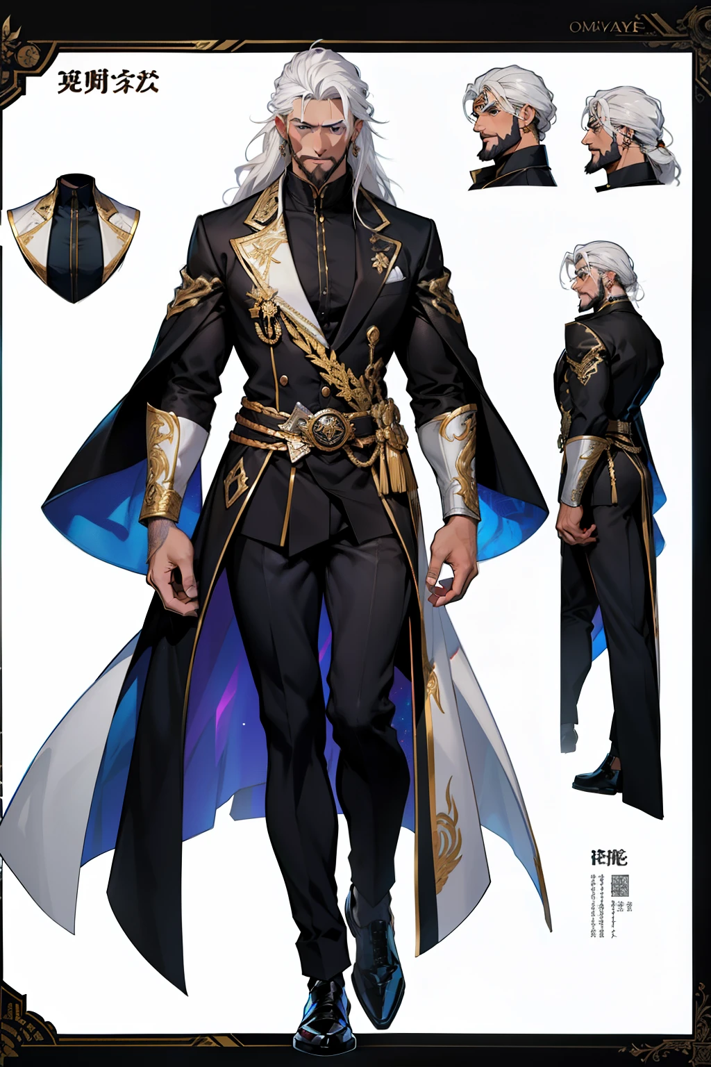 dark skin man, male, black eyes, white hair, long hair, anime style, 4k image, full body, holographic background, Character sheet, Handsome male. Perfect face, 6 ft 5 tall middle aged man. White hair. Long hair. Grey eyes. Beard. Eyepatch. Earrings. Toned body. Muscular male, character design sheet,full bodyesbian, Full of details, body front view, body back view, Full body, muscle body, Formal Fantasy clothes. ((Masterpiece, Highest quality)), Detailed face, character design sheet, full bodyesbian, Full of details, frontal body view, back body view, Highly detailed, Depth