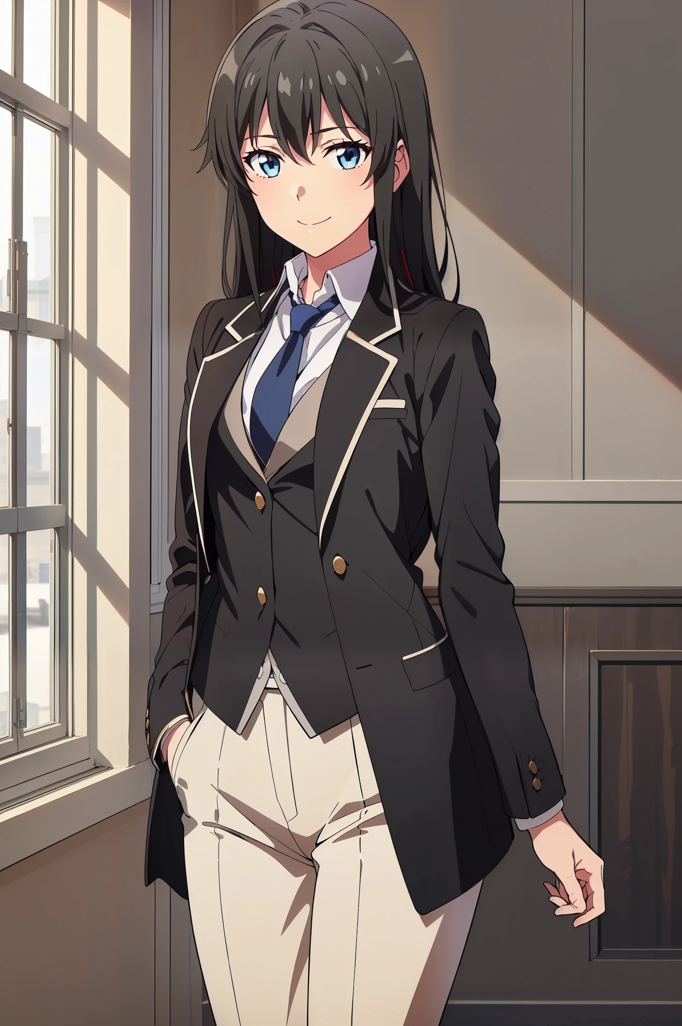 Yukinoshita yukino ,woman in formal attractive tailcoat standing in a large alcove in the room , 1girl, solo, blue necktie, black hair, blue eyes, long hair, smile , collared shirt, white pants, white shirt , tailored tailcoat elegant , standing in front of a window ,tailcoat tailored to elegant  Featuring striking Victorian theme and crafted from the lustrous fabric