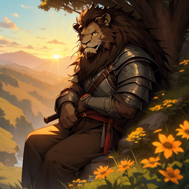 Amis, a young dark brown Maine's lion beastman knight sitting on a rock in the top of a cliff in a forest in the early morning. His back is turned towards us, but his head is turned to the side so we can see his face as well. He is smiling up at the sky as the dawn rises, revealing some sunshine. In the background are hills, a meadow with flowers, and some trees. His mother's ring and a sword can be seen next to him