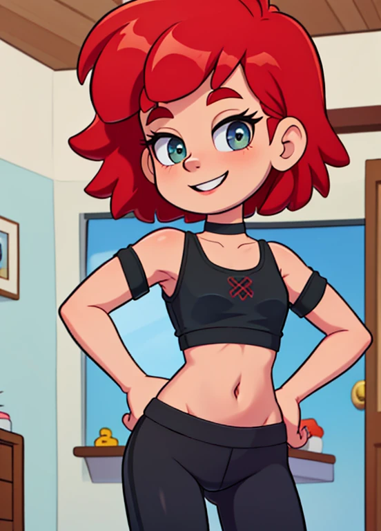 High quality, Masterpiece, 1 girl, solo, red hair, short hair, bob cut, black chocker, red ruffle Off-the-shoulder Top, Off-the-shoulder Top, belly button, black leggings pants, sleeveless, standing, smile, looking at viewer, hands on hips, indoors, room background.