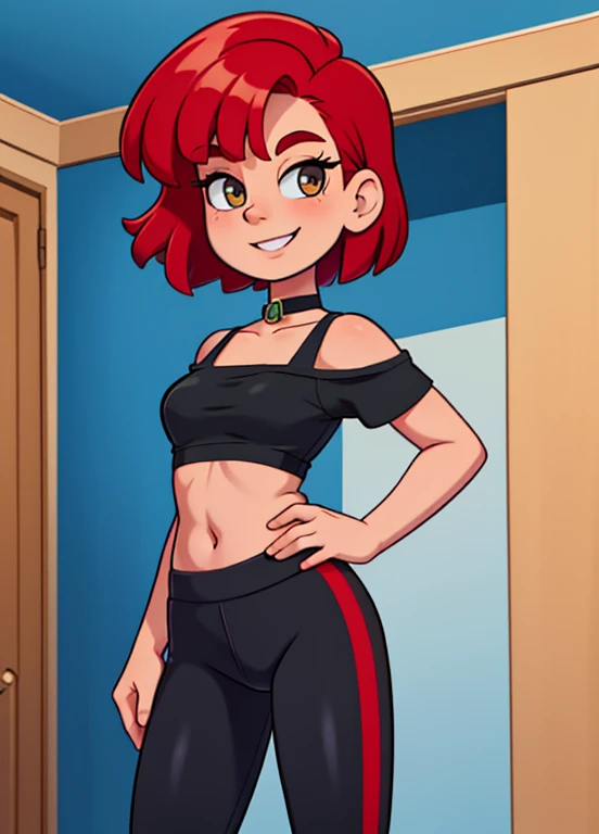 High quality, Masterpiece, 1 girl, solo, red hair, short hair, bob cut, black chocker, red ruffle Off-the-shoulder Top, Off-the-shoulder Top, belly button, black leggings pants, sleeveless, standing, smile, looking at viewer, hands on hips, indoors, room background.