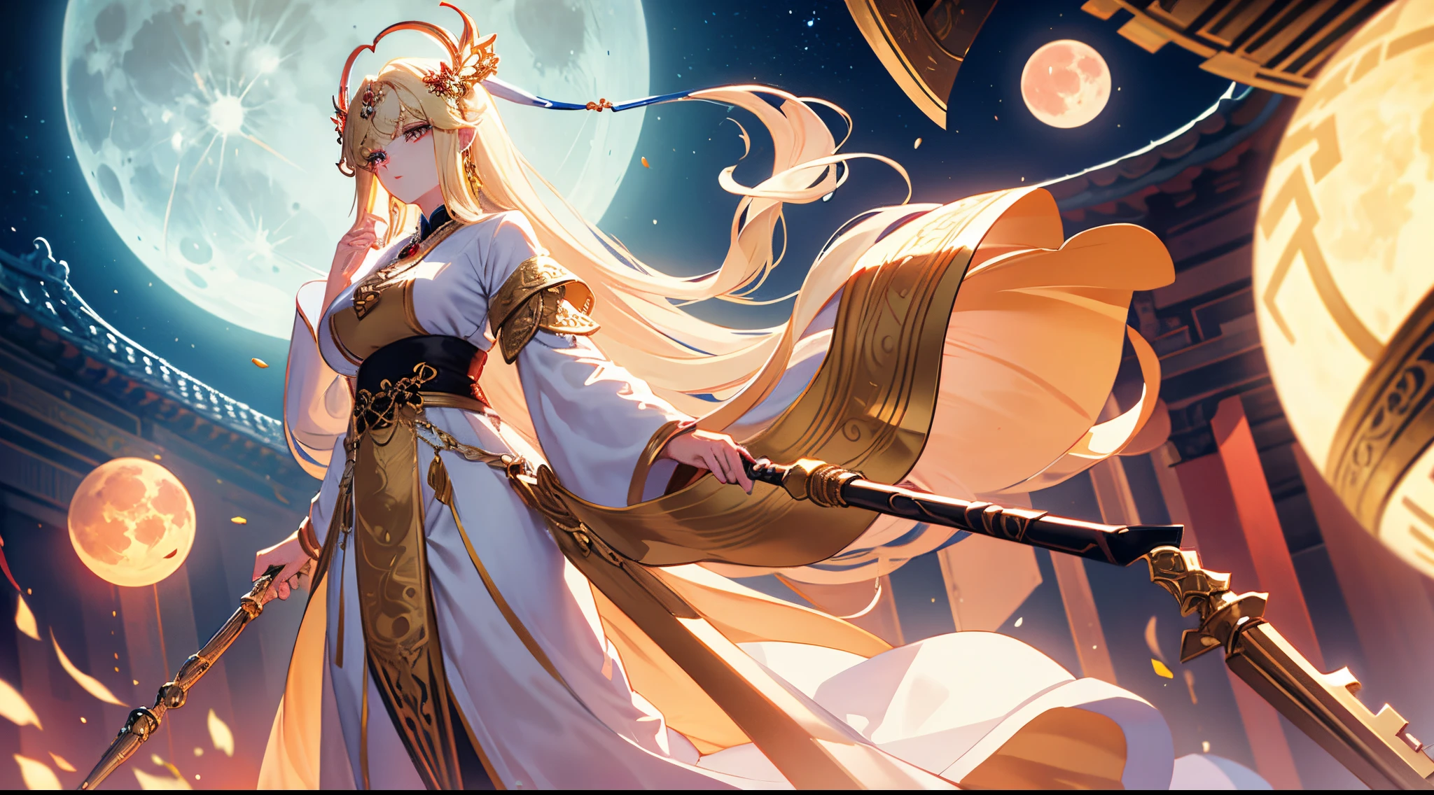 Masterpiece, best quality, Gigantic Key staff, Full Blood Moon, White headphone, blonde, Korean, beautiful face, tall, slender, goddess of the moon, detailed face, moon temple, full body