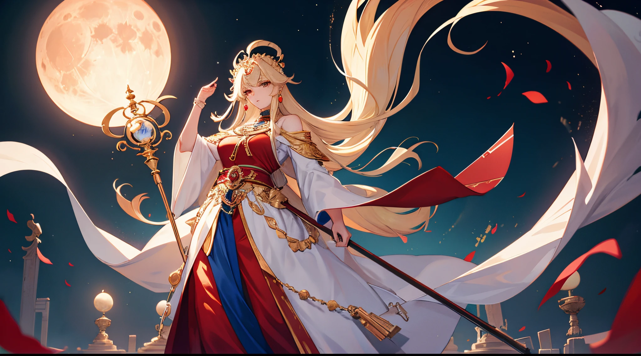 Masterpiece, best quality, Gigantic Key staff, Full Blood Moon, White headphone, blonde, Korean, beautiful face, tall, slender, goddess of the moon, detailed face, moon temple, full body