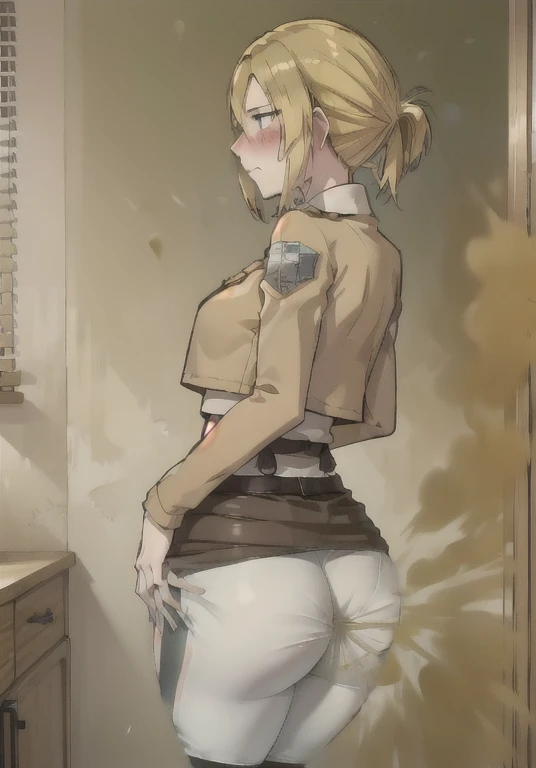 ((annie leonhart)),((velocity)),Attacked by farts, (((Women stand)),velocity,((classic dorm room)),((One Woman)),((fart while stand),her butt facing screen,fullbody,blue eye,blushing)),(​masterpiece:1.2、top-quality)、(the Extremely Detailed CG Unity 8K Wallpapers、ultra-detailliert、Best Shadows)、(细致背景)、(The best lighting、extremely delicate and beautiful)、depth of fields、1girl in、独奏 ,Women wear  scout outfit,Ephemeral,,(blonde),(scout regiment outfit)),((((Girl  embarassed when she smells the bad smell of farts)))),outfit like a scout regiment,((((profile facing diagonally)))),((i&#39;I closed my mouth with hand feel embarassed...)),((massive fart)),((fart text))