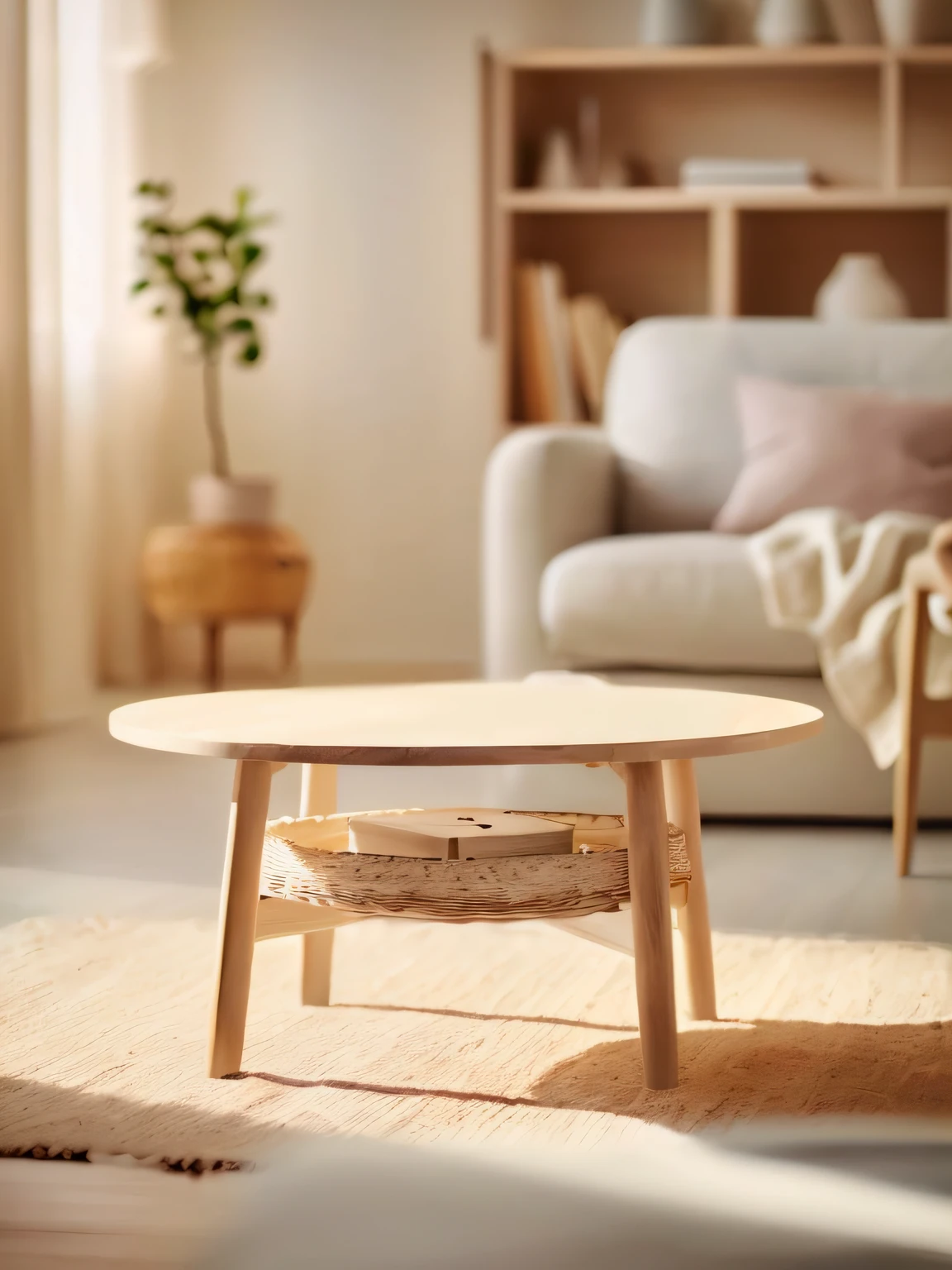 There is a coffee table in the living room,There is a basket on it, Wooden coffee table, Detailed wooden table, Wooden table, There is a cup on the table in front, designed for cozy aesthetics!, center focus on table, furniture and decor, wooden tables, Creamery, wooden side table, hyper-high detail, hyper-high detail, scandinavian design