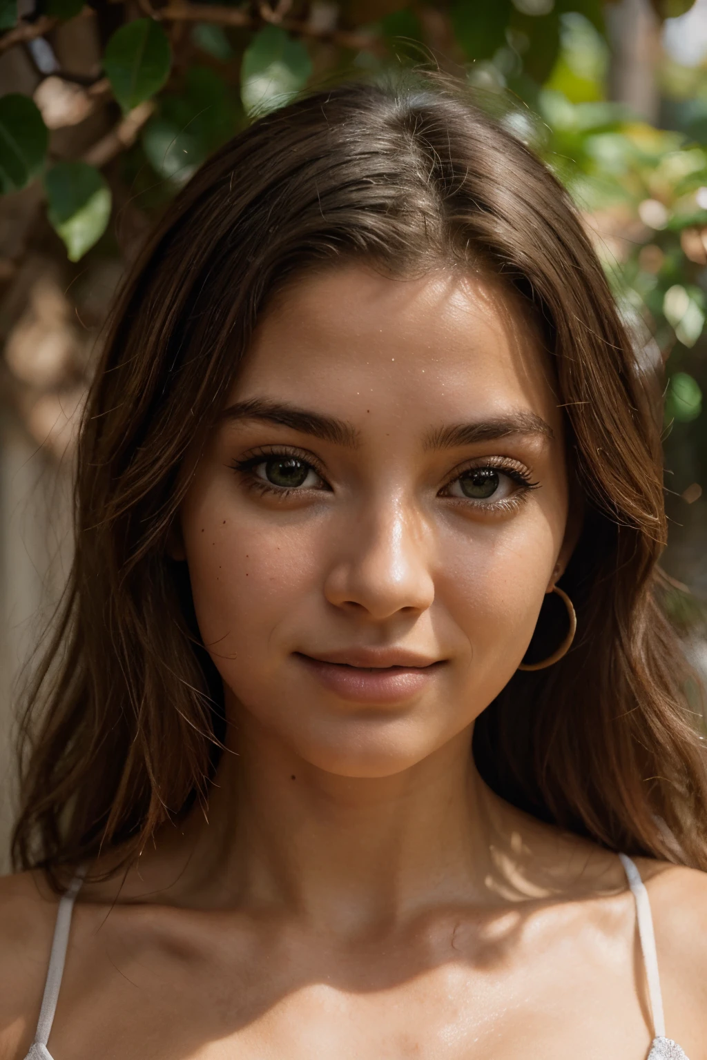 crie uma imagem de uma mulher de 20 anos, com a pele clara, cabelo longo e ruivo, olhos verdes. develop a facial expression that conveys sensuality, um sorriso sedutor. Coloque-a em um ambiente ensolarado, com luz natural destacando os tons de sua pele e cabelos. Use soft lighting that highlights the natural features of the face, avoiding harsh shadows that can distort the appearance. Add textures to the skin to emphasize authenticity, incorporating tone variations, poros e outros elementos naturais