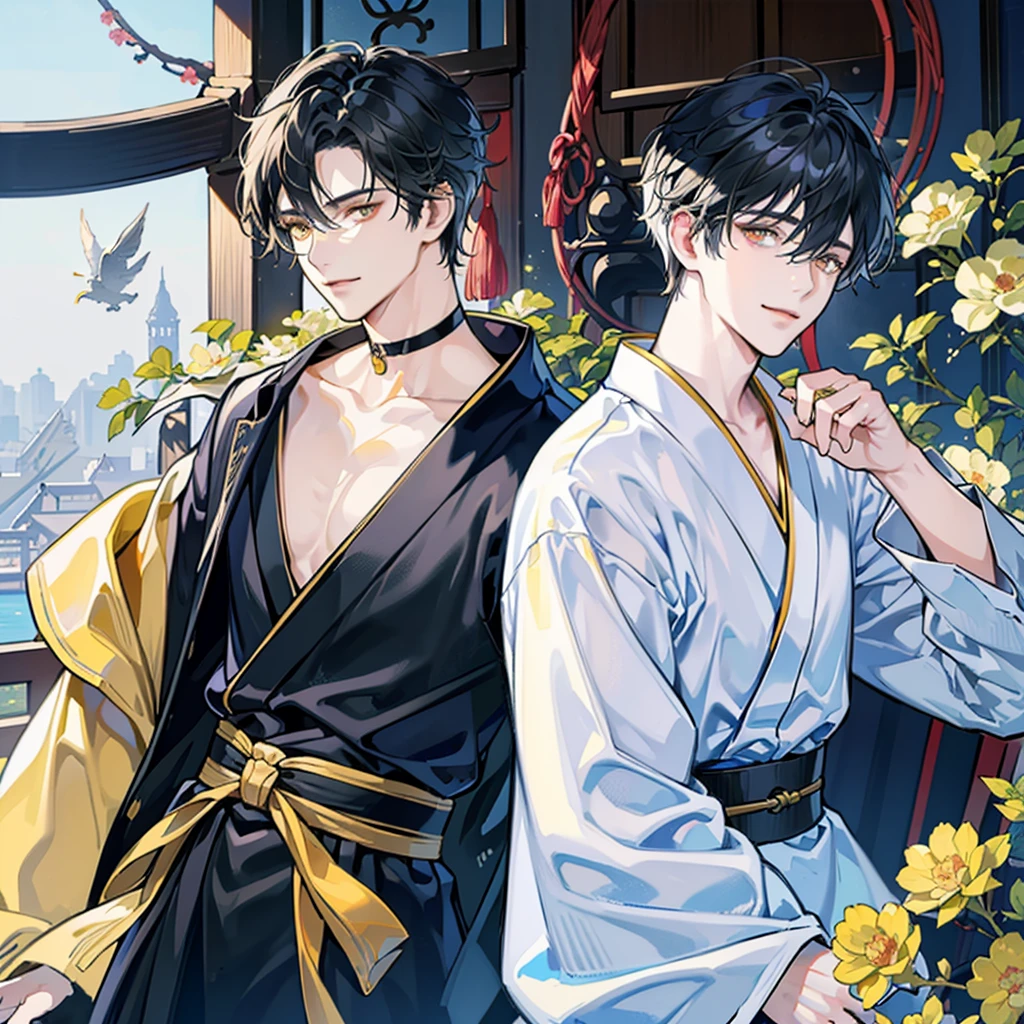 Good-looking white man, with long black hair with some bluish tones, and bright yellow cat-like eyes. He has a small, red-faced smile that he tries to cover with his own hand. He wears a typical Japanese male kimono, with a small choker.