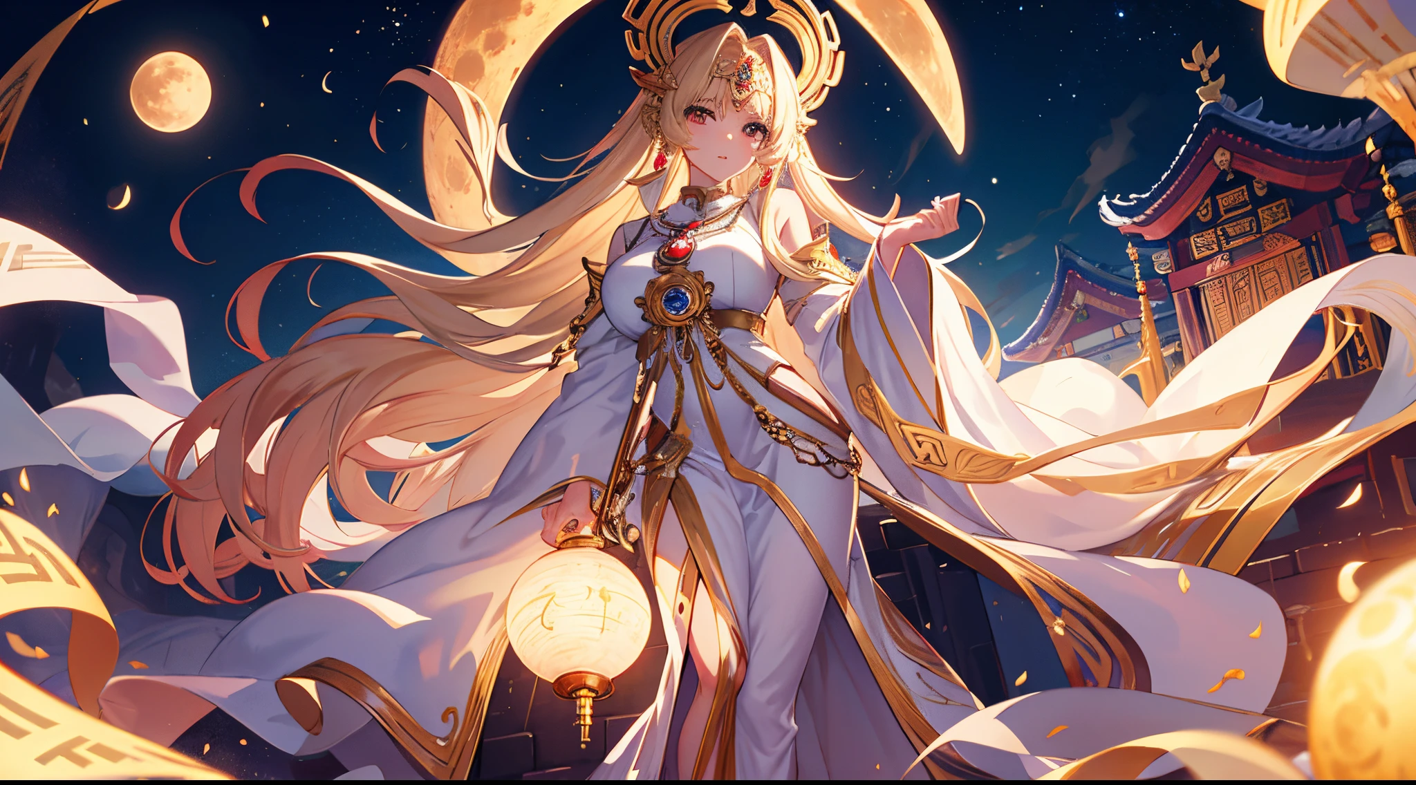 Masterpiece, best quality, Gigantic Key staff, Full Blood Moon, White headphone, blonde, Korean, beautiful face, tall, slender, goddess of the moon, detailed face, moon temple, full body