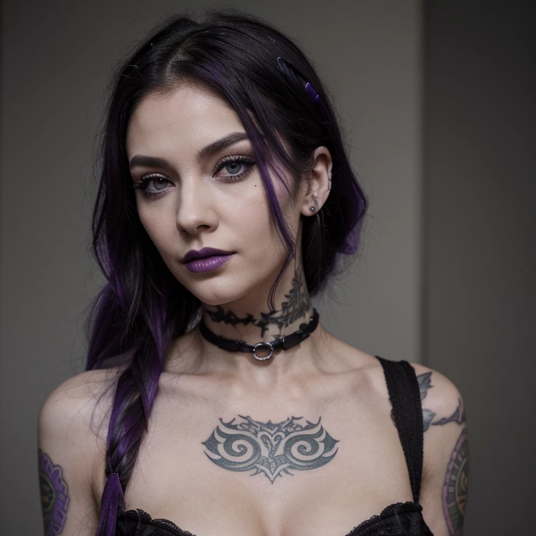 Jerica, on the other hand, was a marked contrast- she was thin, or at least slender, and obviously into the goth scene. Her skin was pale, she wore black or dark purple lipstick and eyeshadow, and her black bobbed hair was shorter on one side and had purple highlights (or undertones, whatever). She wore contacts that made her eyes were a vivid violet colour and she had numerous piercings in each ear and a snake-bite lip ring. More than a few tattoos were visible on her nearly alabaster skin.