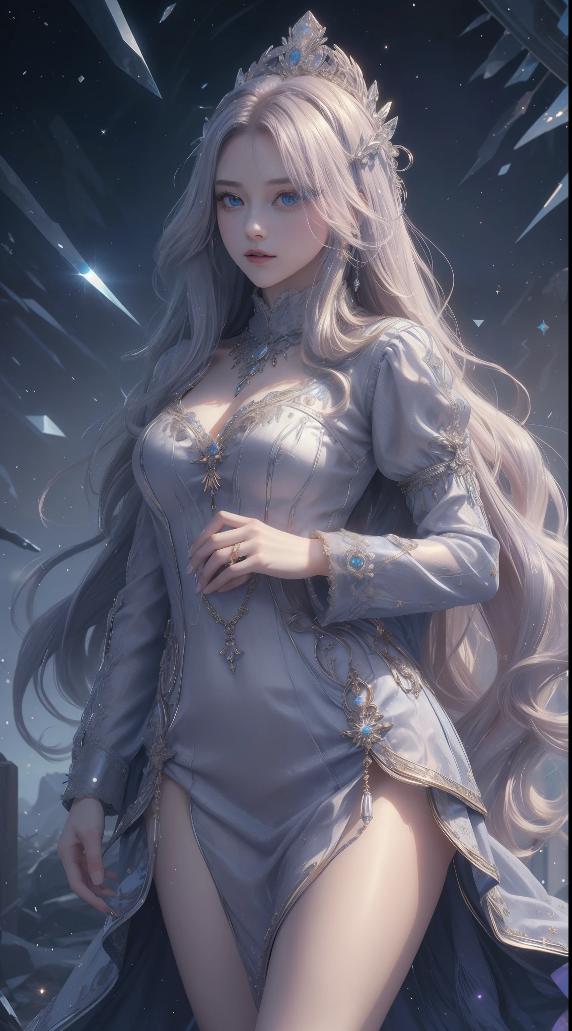 tmasterpiece,Highest image quality,Beautiful bust of the noble queen,Exquisite silver long straight hair hairstyle,lucid blue eyes,The sweater is decorated with a dazzling array of、Fine jewelry,Ultra-detailed details,advanced。At the Pixiv Art Station,Break your own power,,Obscenity exposed,R-18G