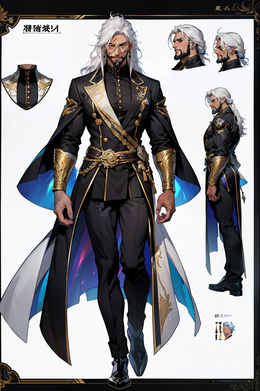 dark skin man, male, black eyes, white hair, long hair, anime style, 4k image, full body, holographic background, Character sheet, Handsome male. Perfect face, 6 ft 5 tall middle aged man. White hair. Long hair. Grey eyes. Beard. Eyepatch. Earrings. Toned body. Muscular male, character design sheet,full bodyesbian, Full of details, body front view, body back view, Full body, muscle body, Formal Fantasy clothes. ((Masterpiece, Highest quality)), Detailed face, character design sheet, full bodyesbian, Full of details, frontal body view, back body view, Highly detailed, Depth