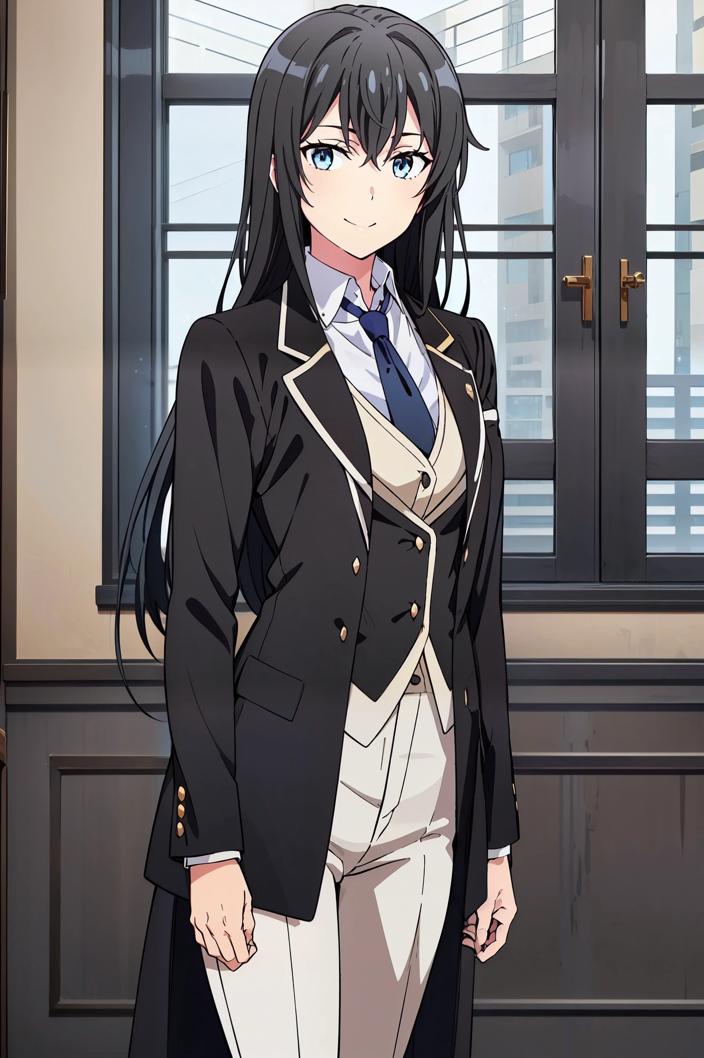 Yukinoshita yukino ,woman in formal attractive tailcoat standing in a large alcove in the room , 1girl, solo, blue necktie, black hair, blue eyes, long hair, smile , collared shirt, white pants, white shirt , tailored tailcoat elegant , standing in front of a window ,tailcoat tailored to elegant  Featuring striking Victorian theme and crafted from the lustrous fabric