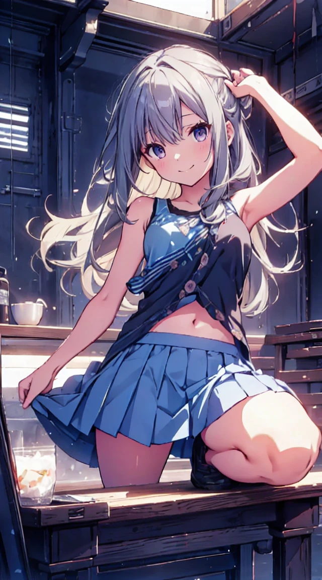 masutepiece, Best Quality,Illustration, Wallpaper, ultra -detail, 1little girl、♡、Futomo、Poses in motion、Bewitching smile、ample breasts、Tank tops、a short skirt