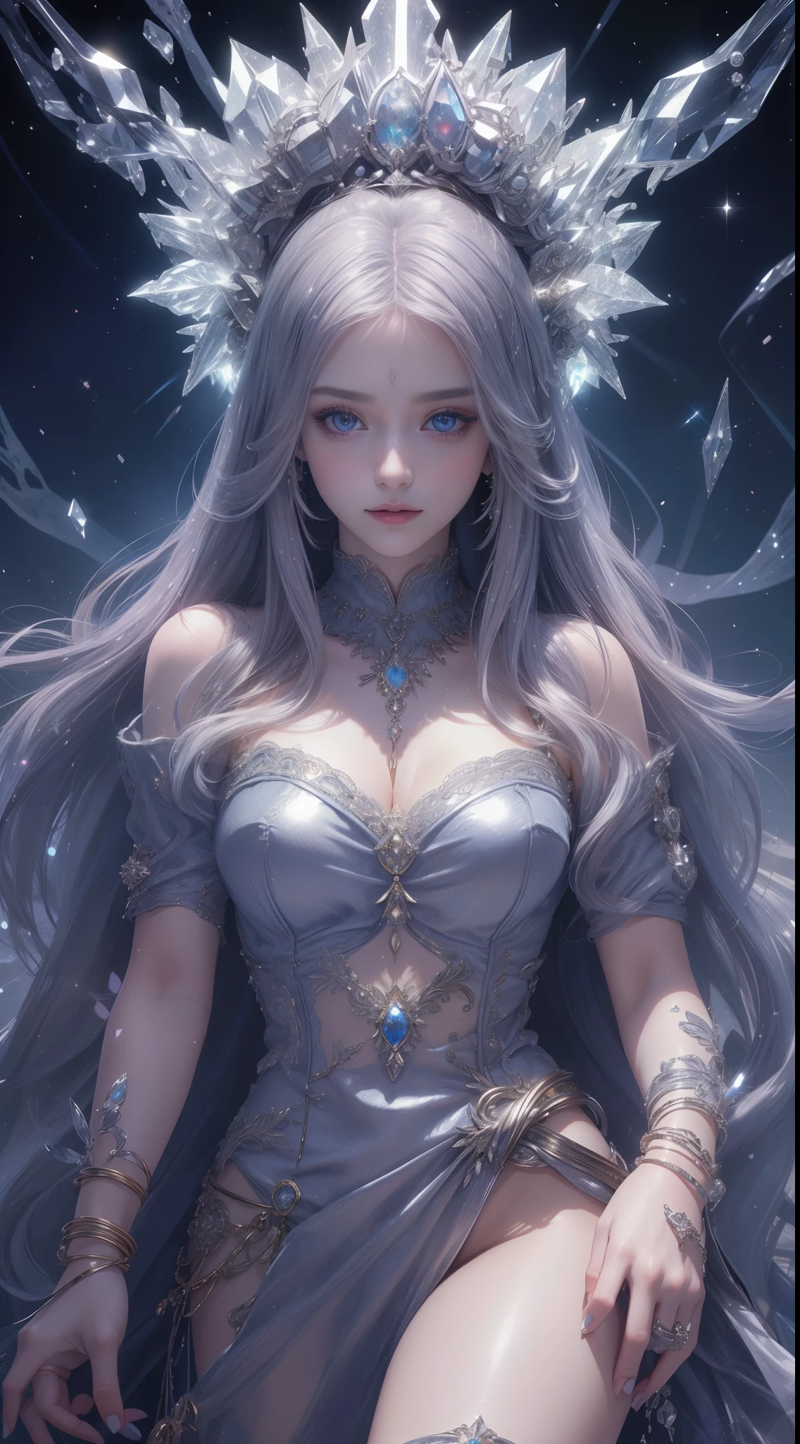 tmasterpiece，Highest image quality，Beautiful bust of the noble queen，Exquisite silver long straight hair hairstyle，lucid blue eyes，The sweater is decorated with a dazzling array of、Fine jewelry，Ultra-detailed details，advanced。At the Pixiv Art Station，Break your own power，，Obscenity exposed，R-18G