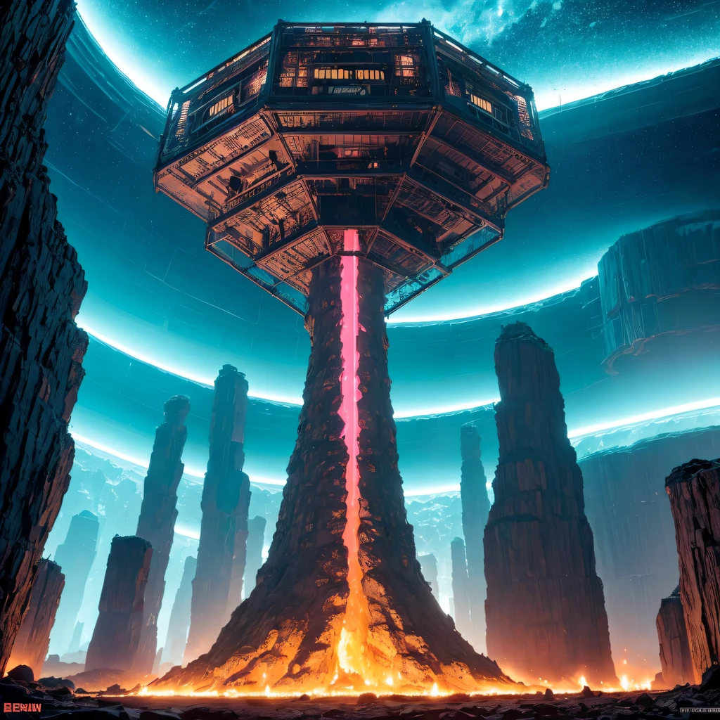 Alien Hexagonal Base (very detailed nipples) In a hexagonal mountain oasis,There are several hexagonal exhaust fans and chimneys, some neon lights projecting from the base,Light up the dark night), There are some clouds in the night sky, Some surrounding planets provide air to unknown planets,The most remote giant hexagonal volcano erupts,the rainforest
