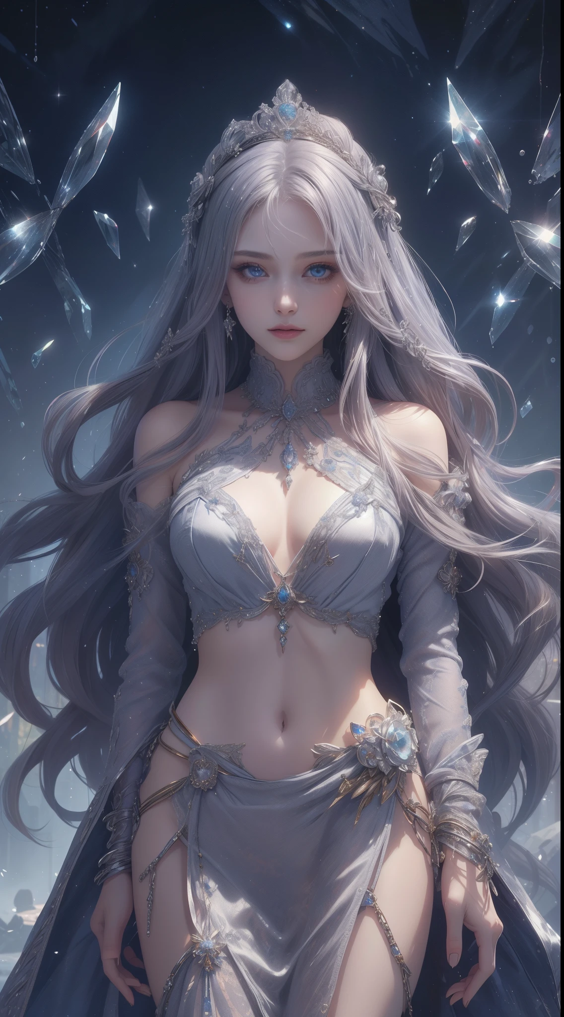 tmasterpiece,Highest image quality,Beautiful bust of the noble queen,Exquisite silver long straight hair hairstyle,lucid blue eyes,The sweater is decorated with a dazzling array of、Fine jewelry,Ultra-detailed details,advanced。At the Pixiv Art Station,Break your own power,,Obscenity exposed,R-18G