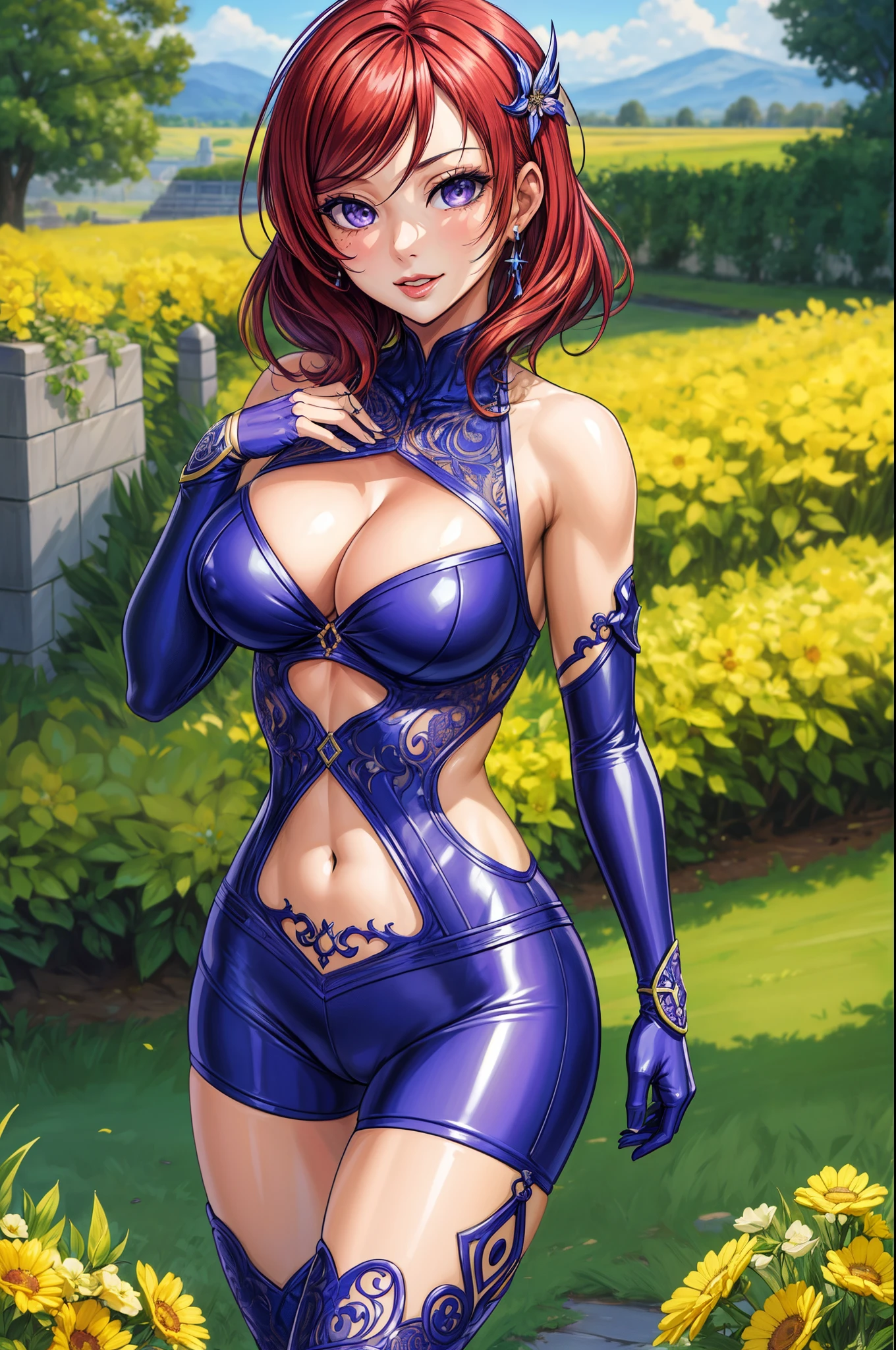 (Masterpiece, Best Quality, High Quality:1.4), professional artwork, well drawn, Intricate Details, field of view,
Nishikino maki, street, superheroine, 
Red hair, lipstick, makeup, ultra detail hair, ultra detail face, perfect eyes, perfect face, earring, purple eyes, Looking at Viewer, flirting, 
Tight short bodysuit, yellow bodysuit,sleeveless, clothes ornament,cleavage and navel cutout, sexy confident pose, nipple.