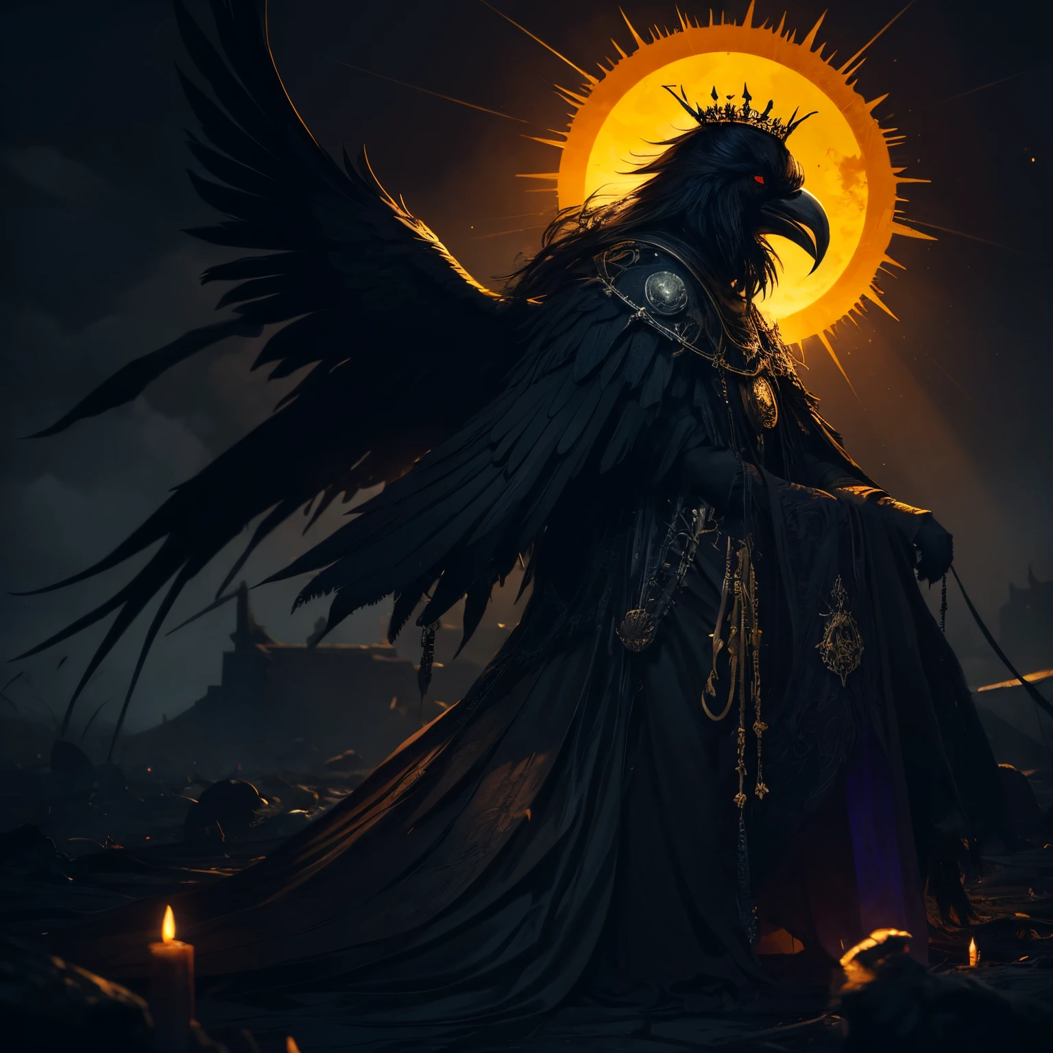 All Hail the Raven King, Large Golden crown, Sun behind head, Sun Halo, creature of the abyss, large, demonic, raven feather cloak, monster, creepy, cosmic horror, inhuman, great old one, swarm of ravens, priestesses kneeling around, religious