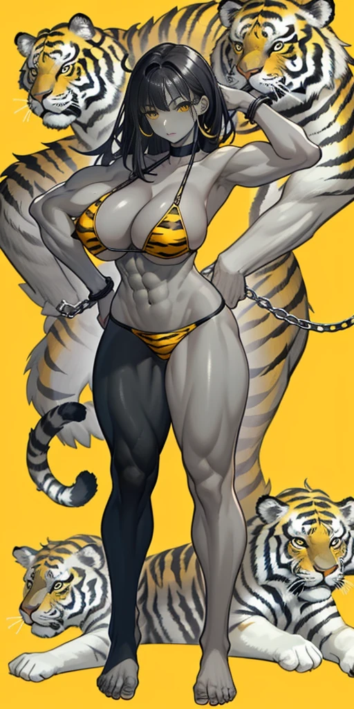 perfect hair, perfect body, looking at the viewer, standing, posing, mature female, very grey skin, muscular body, female oni, big breast, black chocker, slave chains, (((grey skin))), (detailed yellow bikini with tiger dots)