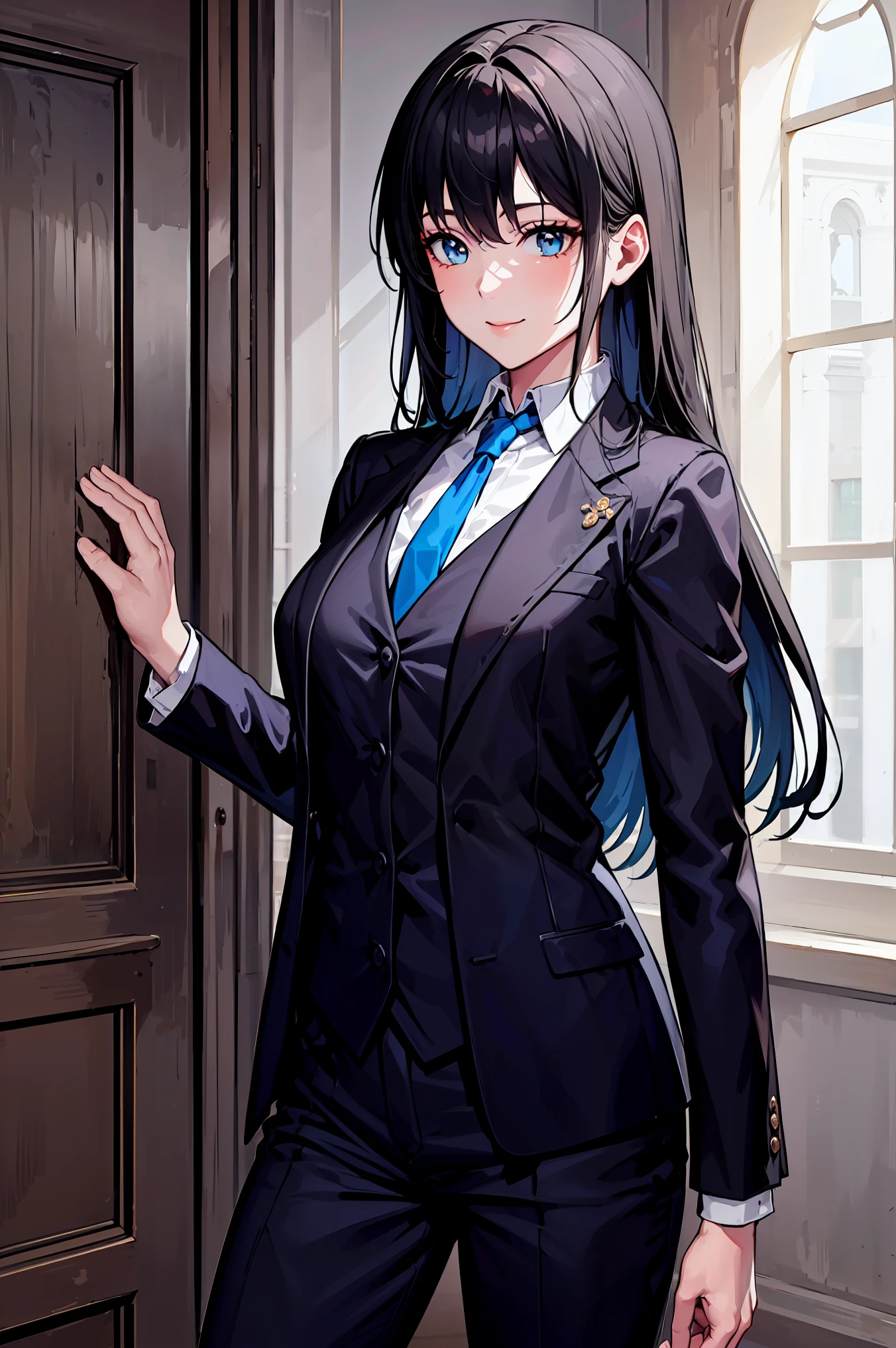 Yukinoshita yukino ,woman in formal attractive tailcoat standing in a large alcove in the room , 1girl, solo, blue necktie, black hair, blue eyes, long hair, smile , collared shirt, white pants, white shirt , tailored tailcoat elegant , standing in front of a window ,tailcoat tailored to elegant  Featuring striking Victorian theme and crafted from the lustrous fabric