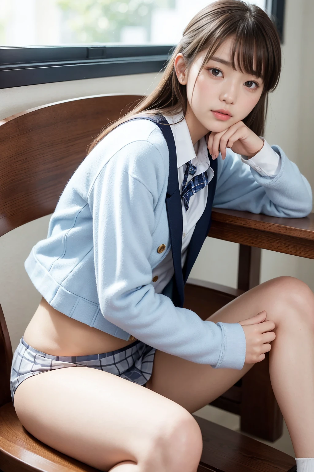 top-quality、hight resolution、ighly detailed、masterpiece、Raw photo、realisitic、Photorealsitic、Very delicate and beautiful.、delicate detail、Textured skin、1girll、Solo、Soio、18-year-old Japanese girl、Wearing a high school uniform、crass room、Lifting the skirt、(Body facing the camera:1.3)、(Sit on a school chair with your legs spread out to the side....:1.2)、(Show me your white panties:1.2)、Dark blue jacket and plaid skirt、whiteshirt、tie、The black loafer face is really beautiful.:1.5)、tall、Brown hair、(Bare legs:1.1)、perfectly proportions、(Do not expose your upper body)、(In SFW)