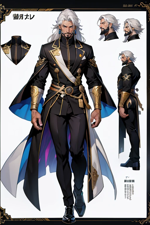 dark skin man, male, black eyes, white hair, long hair, anime style, 4k image, full body, holographic background, Character sheet, Handsome male. Perfect face, 6 ft 5 tall middle aged man. White hair. Long hair. Grey eyes. Beard. Eyepatch. Earrings. Toned body. Muscular male, character design sheet，full bodyesbian, Full of details, body front view, body back view,  Full body, muscle body, Formal Fantasy clothes. ((Masterpiece, Highest quality)), Detailed face, character design sheet， full bodyesbian, Full of details, frontal body view, back body view, Highly detailed, Depth