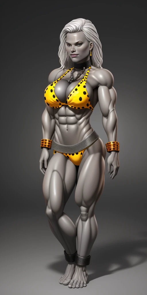 full body barefoot, perfect hair, perfect body, looking at the viewer, standing, posing, mature female, very grey skin, muscular body, female oni, big breast, black chocker, slave chains, (((grey skin))), (detailed yellow bikini with tiger dots)