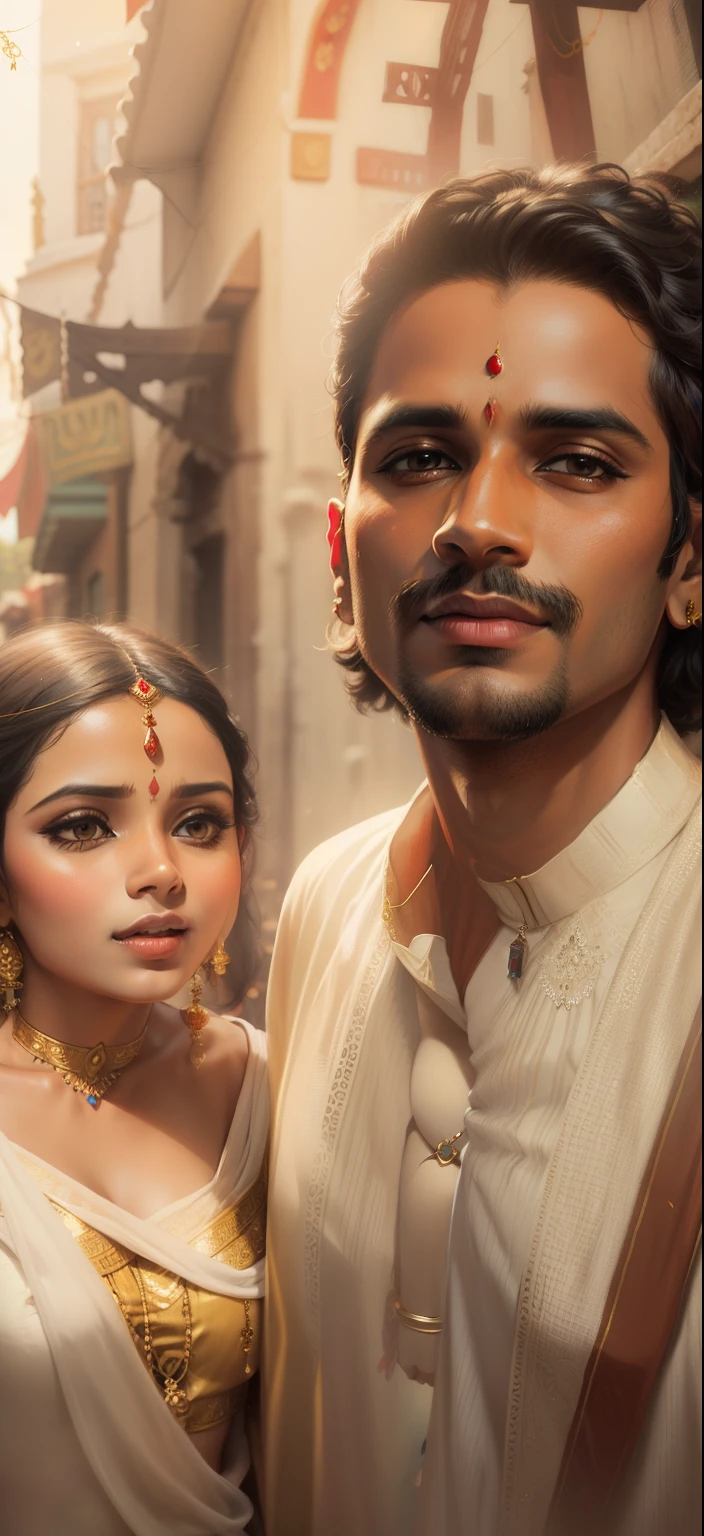 Handsome Krishna boy with round face, black eyes smiling face wearing blue traditional dress, and beautiful Radha girl with black eyes wearing blue saree, ultra realistic, 8k quality, surrealism, best quality, best masterpiece