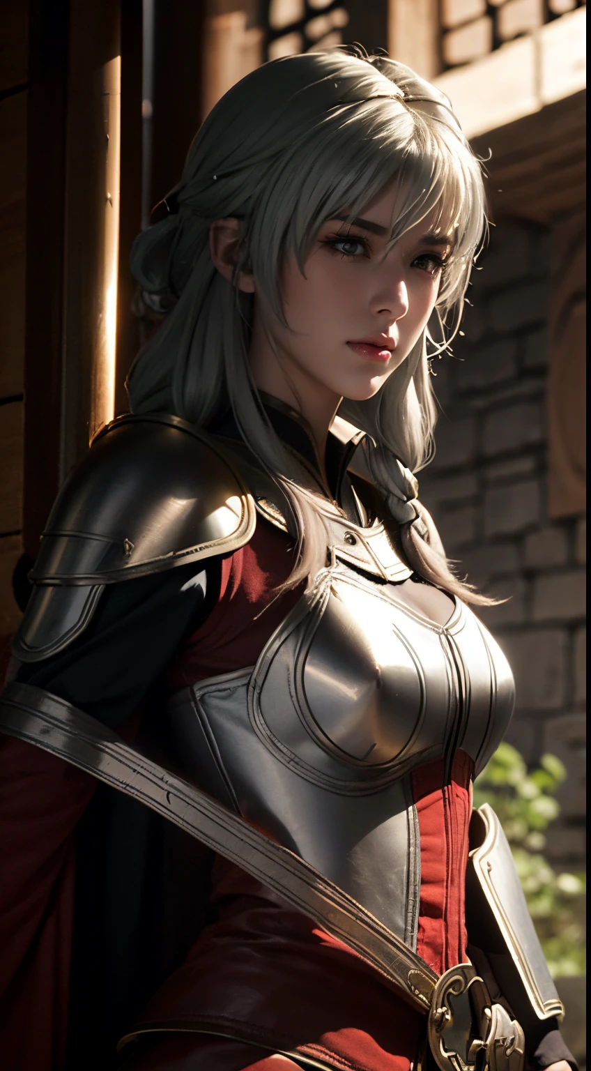 tmasterpiece,Best quality at best,A high resolution,8K,((Portrait)),(Head close-up),Original photo,real photograph,digital photography,(Female adventurers in the medieval fantasy style),(A fighter in a fantasy world),18-year-old girl,(Hair gradients of black and red),red random hairstyle,Red eyes,(White and gray gradient short hair,Red),(Big breasts),An extravagant ornament,cparted lips,Keep your mouth shuegant and charming,((Angry)),Serious and arrogant,Calm and handsome,(Medieval fantasy combat suit,Joint Armor,Lightweight leather protection,The Beautiful Magic Badge,Medieval armor combined with leather and metal,A delicate pattern),((A slender figure)),Photo pose,medieval characteredieval fantasy style,rainy days,Lightning,forest backgrou,oc render reflection texture