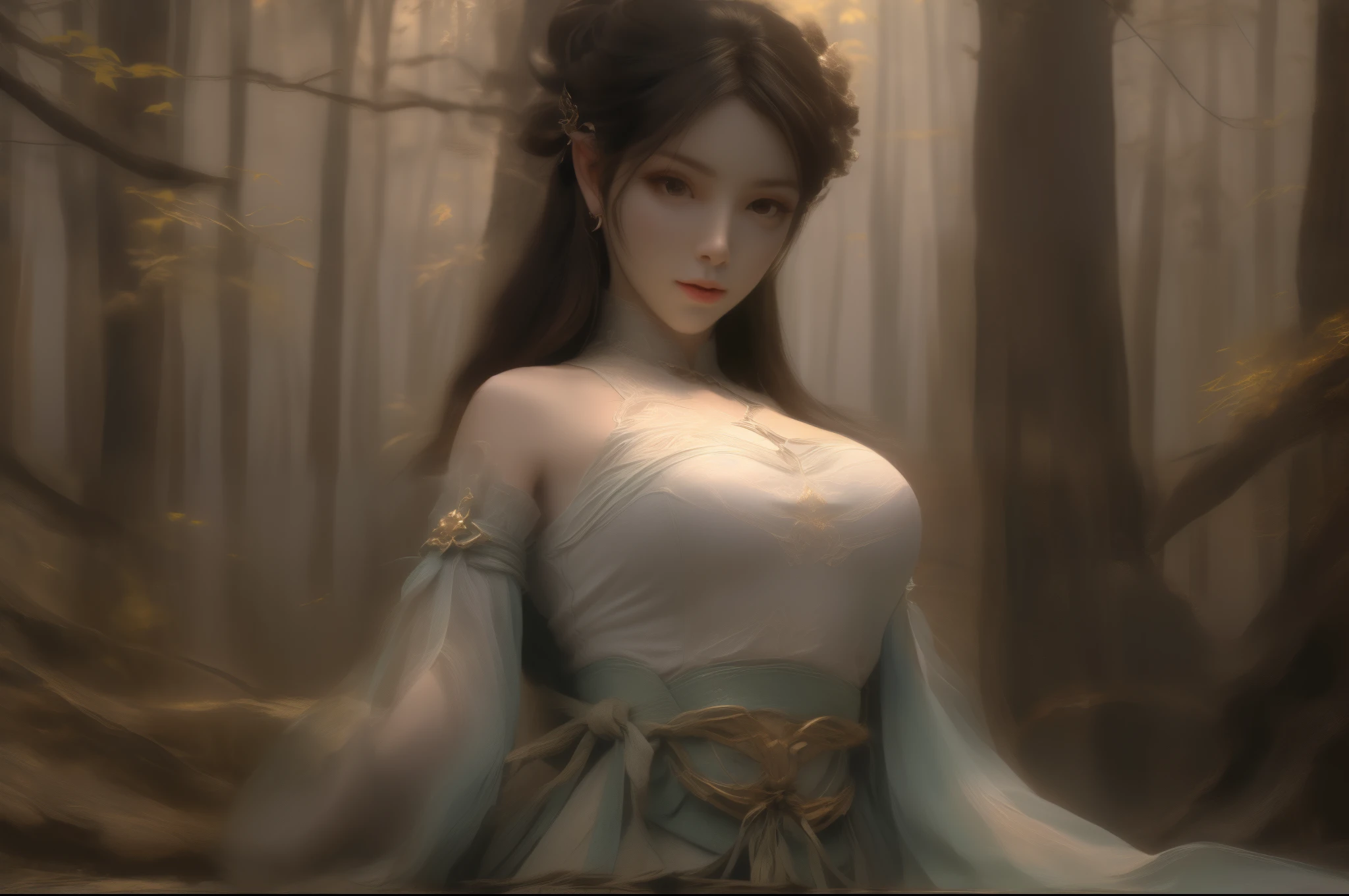 (8k, RAW Photos: 1.2), Best Quality, Illustration, Beautiful Painting, 1 Woman, Beautiful Face, Delicate Skin, Gorgeous Bun, Hair Accessories, Hanfu, Full Body, High Detail, Accent, Color Ink Painting, (((colorful)), lycoris, Sketch, Denoising, Dramatic, Cinematic, White background, Super High Resolution, Best Shadow, RAW, (HDR) (wallpaper) (Cinematic lighting) (sharp focuasterpiece, (Very detailed CG unified 8k wallpaper), gigantic breasts, bamboo forest,