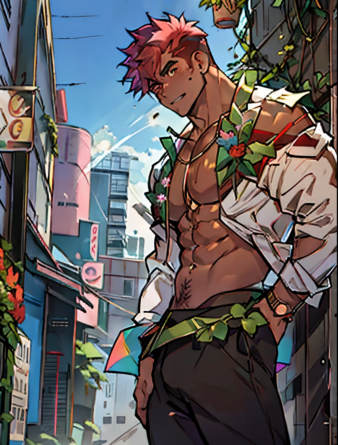 1boy,male  jacket,open clothes,short hair, rainbow hair,outdoors,looking at viewer,pants,closed mouth, extremely muscular masculine figure,off shoulder,city,muscular male,, shirtless, exploding muscle, bara, druid, vines ri, msing dancing flowers