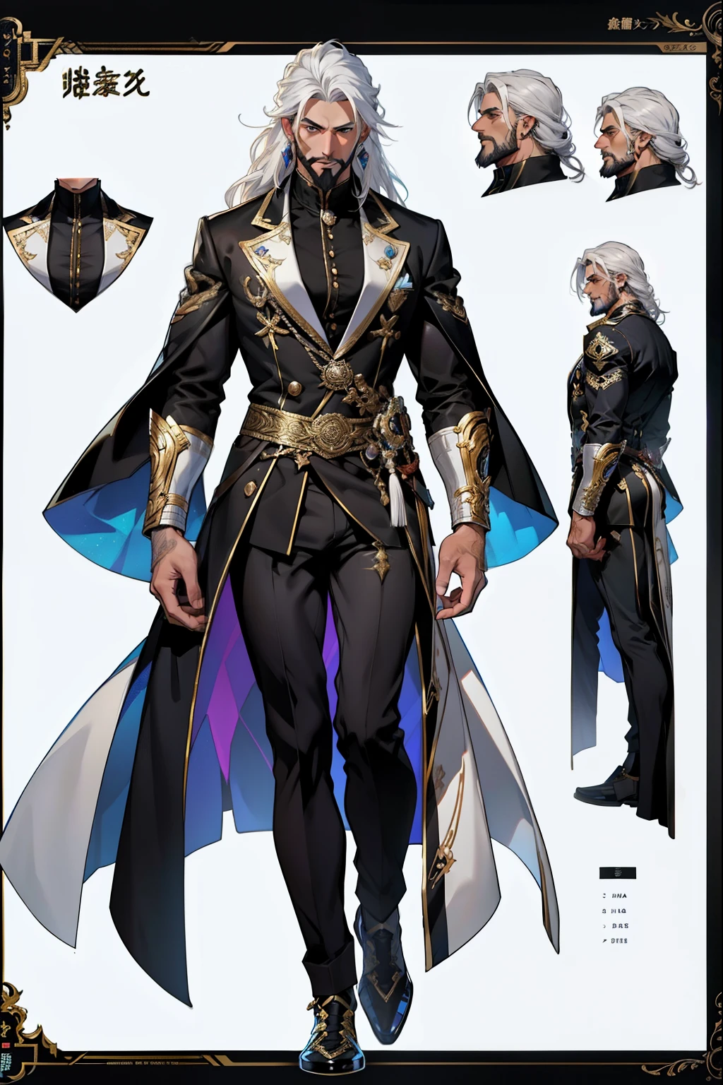 dark skin man, male, black eyes, white hair, long hair, anime style, 4k image, full body, holographic background, Character sheet, Handsome male. Perfect face, 6 ft 5 tall middle aged man. White hair. Long hair. Grey eyes. Beard. Eyepatch. Earrings. Toned body. Muscular male, character design sheet，full bodyesbian, Full of details, body front view, body back view,  Full body, muscle body, Formal Fantasy clothes. ((Masterpiece, Highest quality)), Detailed face, character design sheet， full bodyesbian, Full of details, frontal body view, back body view, Highly detailed, Depth