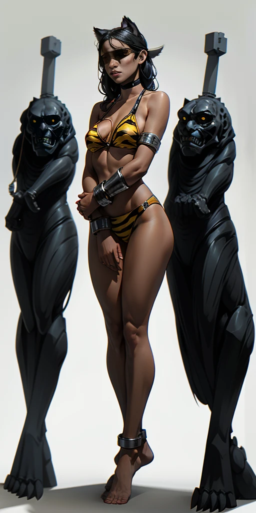standing straight symmetrical, full body ON WHITE BACKGROUND barefeet, looking to the camera, front view side, BLACK BLINDFOLDED, black choker on neck, ((slave human female)), shackles on legs and arms, yellow tiger bikini, NOT human ears