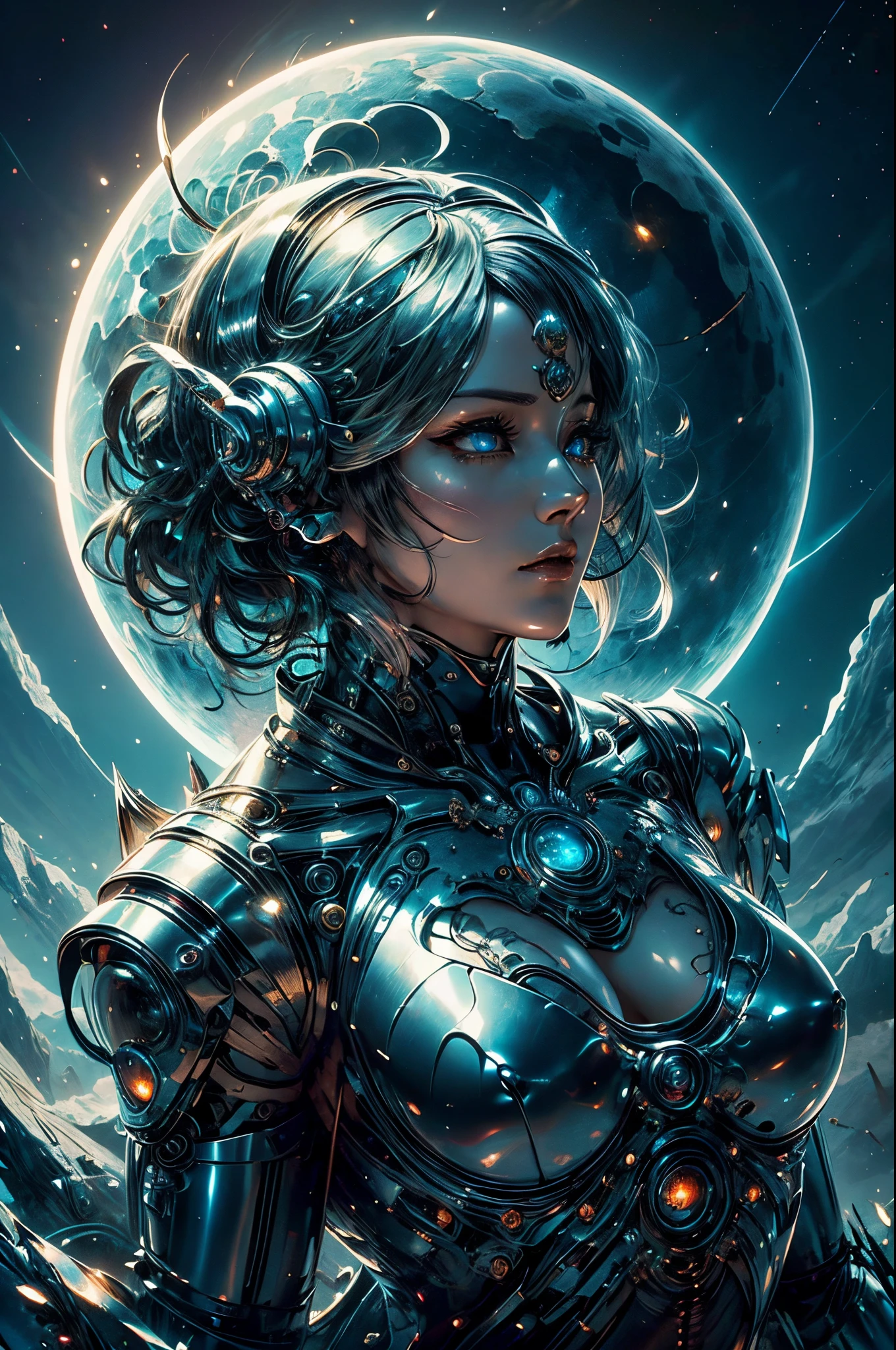 intricate ornate anime cgi style, super detailed fantasy characters, 4K highly detailed digital art, karol bak uhd, cyborg goddess in cosmos, beautiful digital works of art, 2. 5 d cgi anime fantasy artwork, Goddess. extremely high detail, portrait of cyborg queen, extremely detailed goddess shot, Half body machine, Inorganic, Next generation high performance cyborg, Goddess of Machines, Perfect cyborg, A masterpiece created by ultra-high performance AI, Best Quality, Perfect Angle, perfect-composition, sharp outline, Best Shots, perfect shapes, perfect model style, Very beautiful and detailed eyes, Hollow eyes