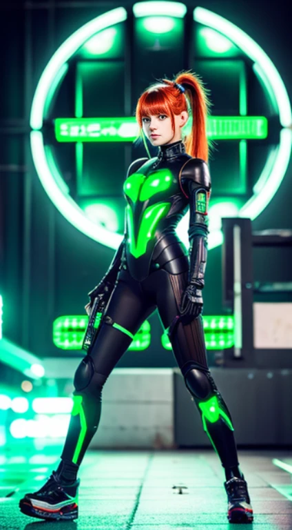 hightquality、8K,full body Esbian、poneyTail、Young redhead、cyberpunked、mechanical suit、Green eyes、(Cinematic aesthetics:1.4)