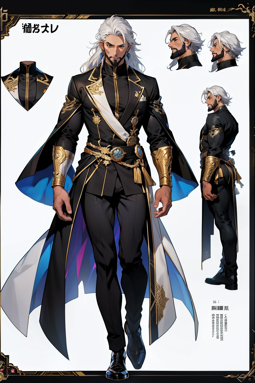 dark skin man, male, black eyes, white hair, long hair, anime style, 4k image, full body, holographic background, Character sheet, Handsome male. Perfect face, 6 ft 5 tall middle aged man. White hair. Long hair. Grey eyes. Beard. Eyepatch. Earrings. Toned body. Muscular male, character design sheet,full bodyesbian, Full of details, body front view, body back view, Full body, muscle body, Formal Fantasy clothes. ((Masterpiece, Highest quality)), Detailed face, character design sheet, full bodyesbian, Full of details, frontal body view, back body view, Highly detailed, Depth