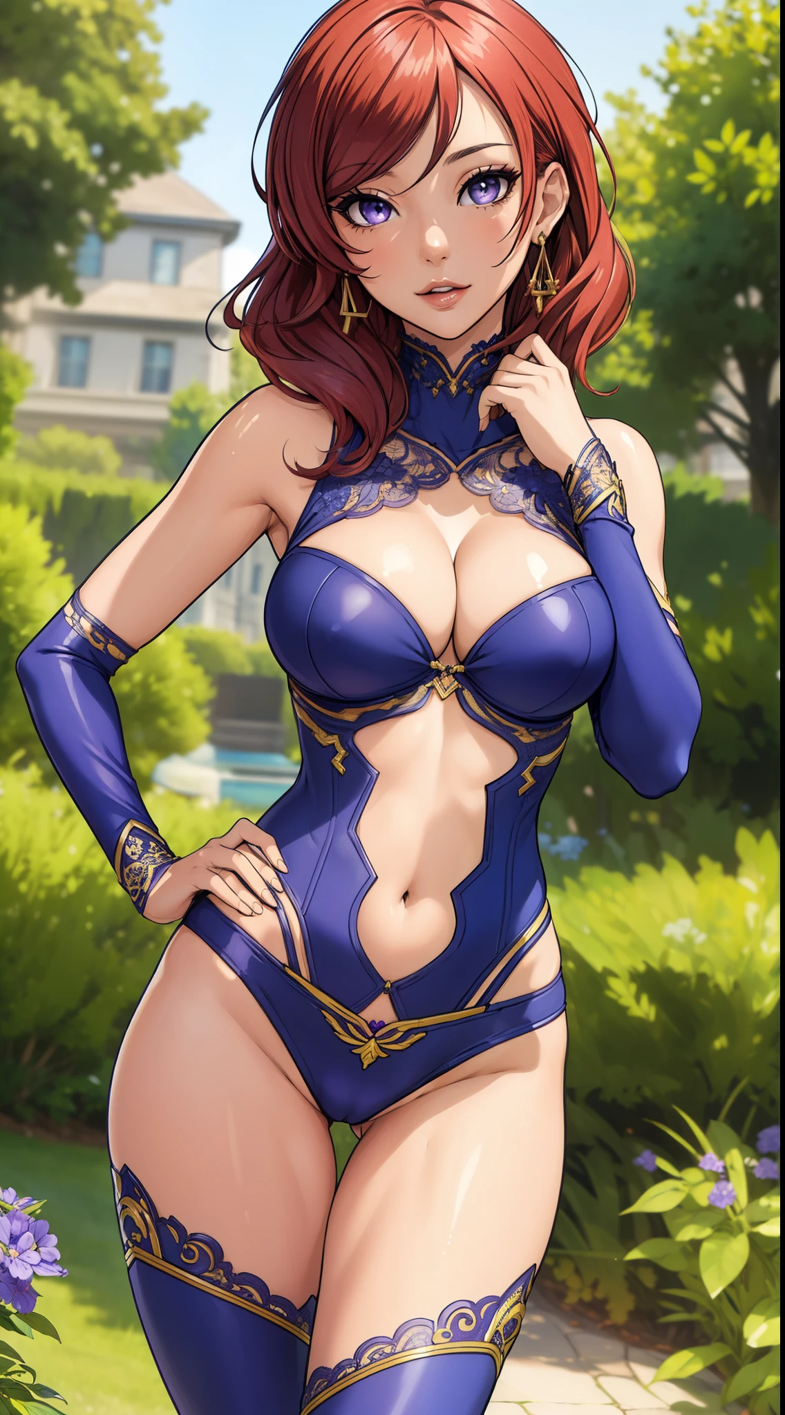 (Masterpiece, Best Quality, High Quality:1.4), professional artwork, well drawn, Intricate Details, field of view,full body shot
Nishikino maki, street, superheroine, 
Red hair, lipstick, makeup, ultra detail hair, ultra detail face, perfect eyes, perfect face, earring, purple eyes, Looking at Viewer, flirting, 
Tight short bodysuit, yellow bodysuit,sleeveless, clothes ornament,cleavage and navel cutout, sexy confident pose, nipple.