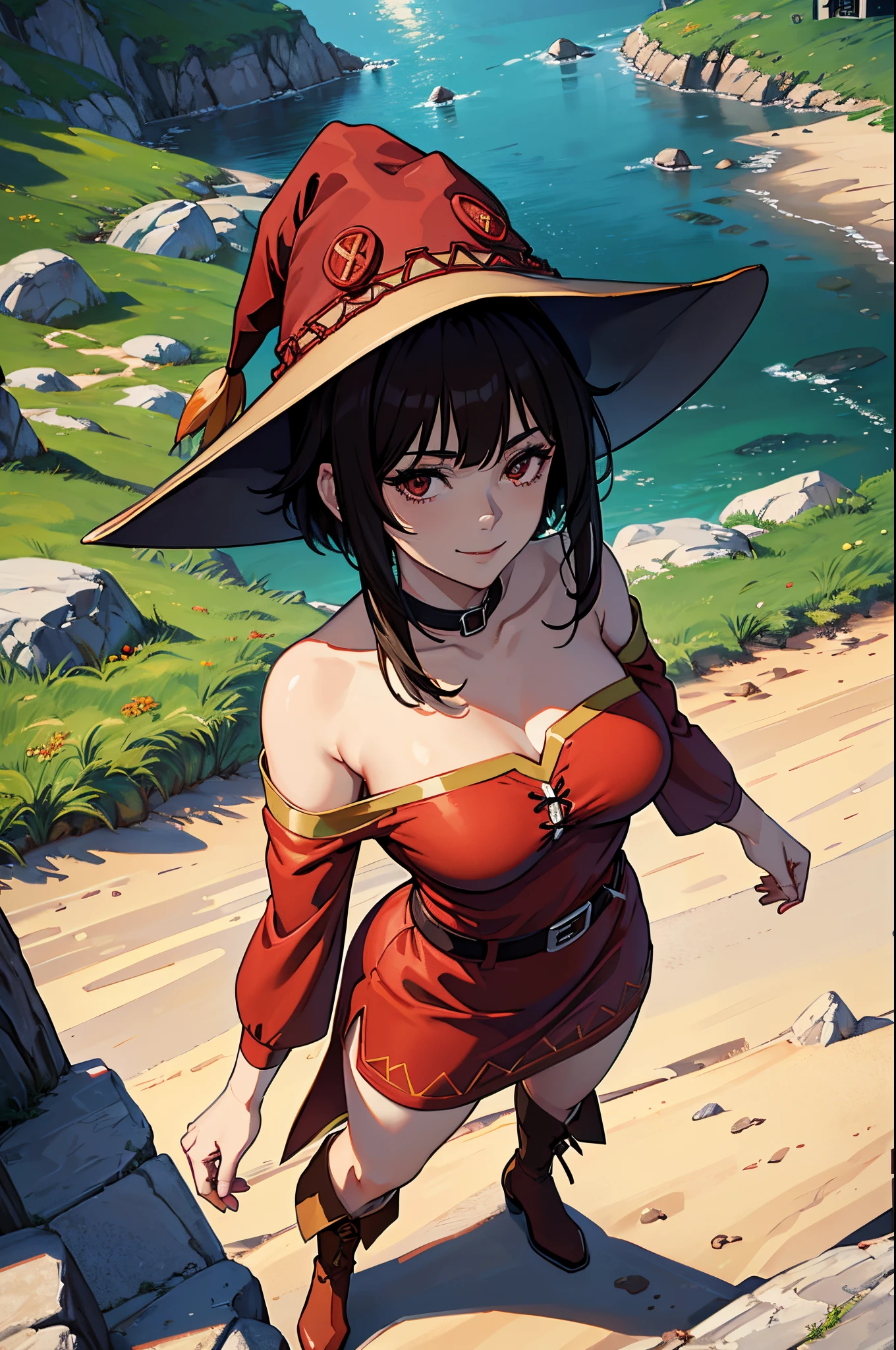 (from above), (masterpiece), best quality, expressive eyes, perfect face, highres, 1girl, solo, (big body:1.3), adult, megumin, short hair, dress, red dress, hat, witch hat, belt, bandages, leg bandages, boots, bare shoulders, smiling, field, landscape, standing, portrait, looking at the viewer,