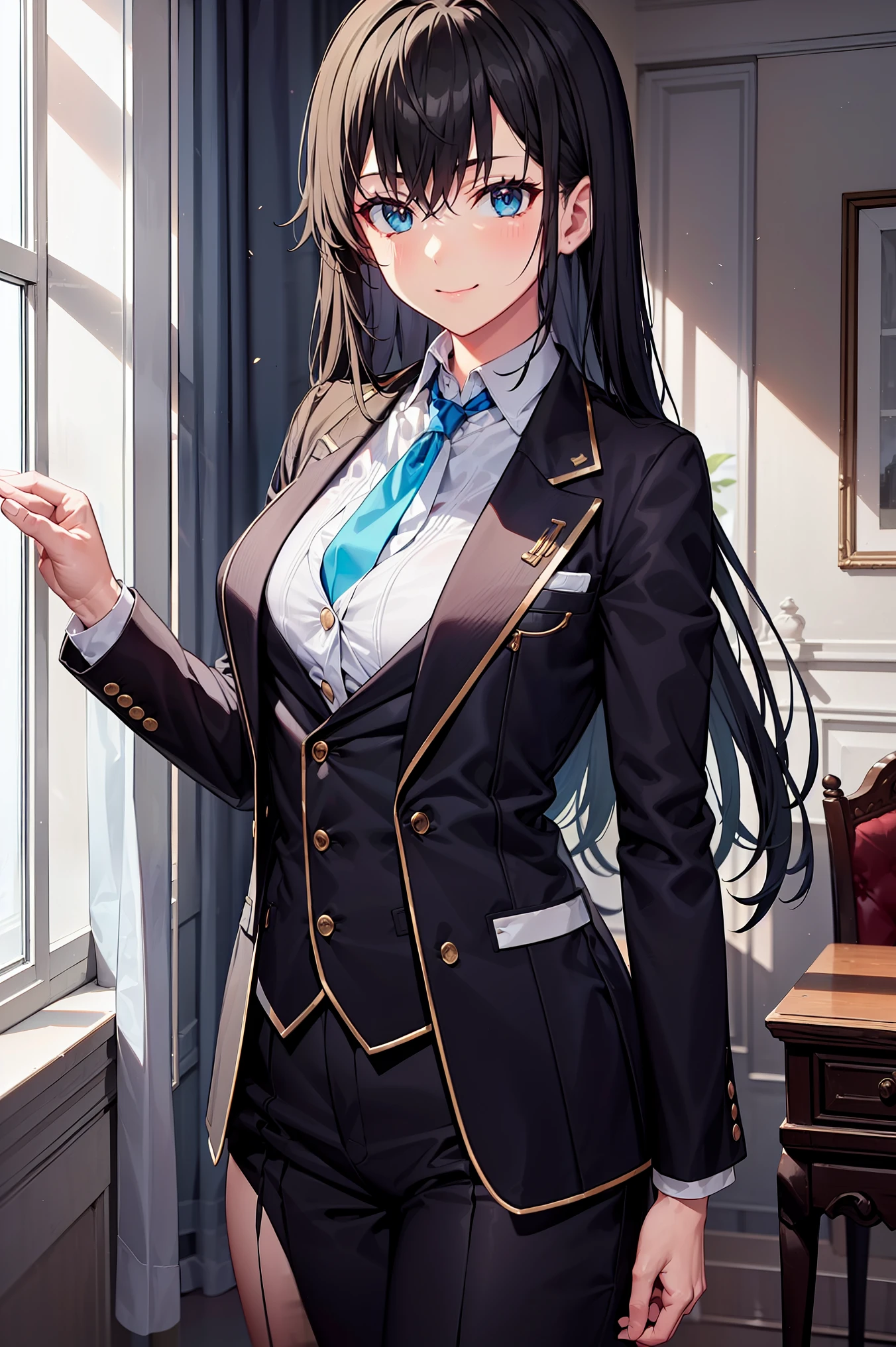 Yukinoshita yukino ,woman in formal attractive tailcoat standing in a large alcove in the room , 1girl, solo, blue necktie, black hair, blue eyes, long hair, smile , collared shirt, white pants, white shirt , tailored tailcoat elegant , standing in front of a window ,tailcoat tailored to elegant  Featuring striking Victorian theme and crafted from the lustrous fabric