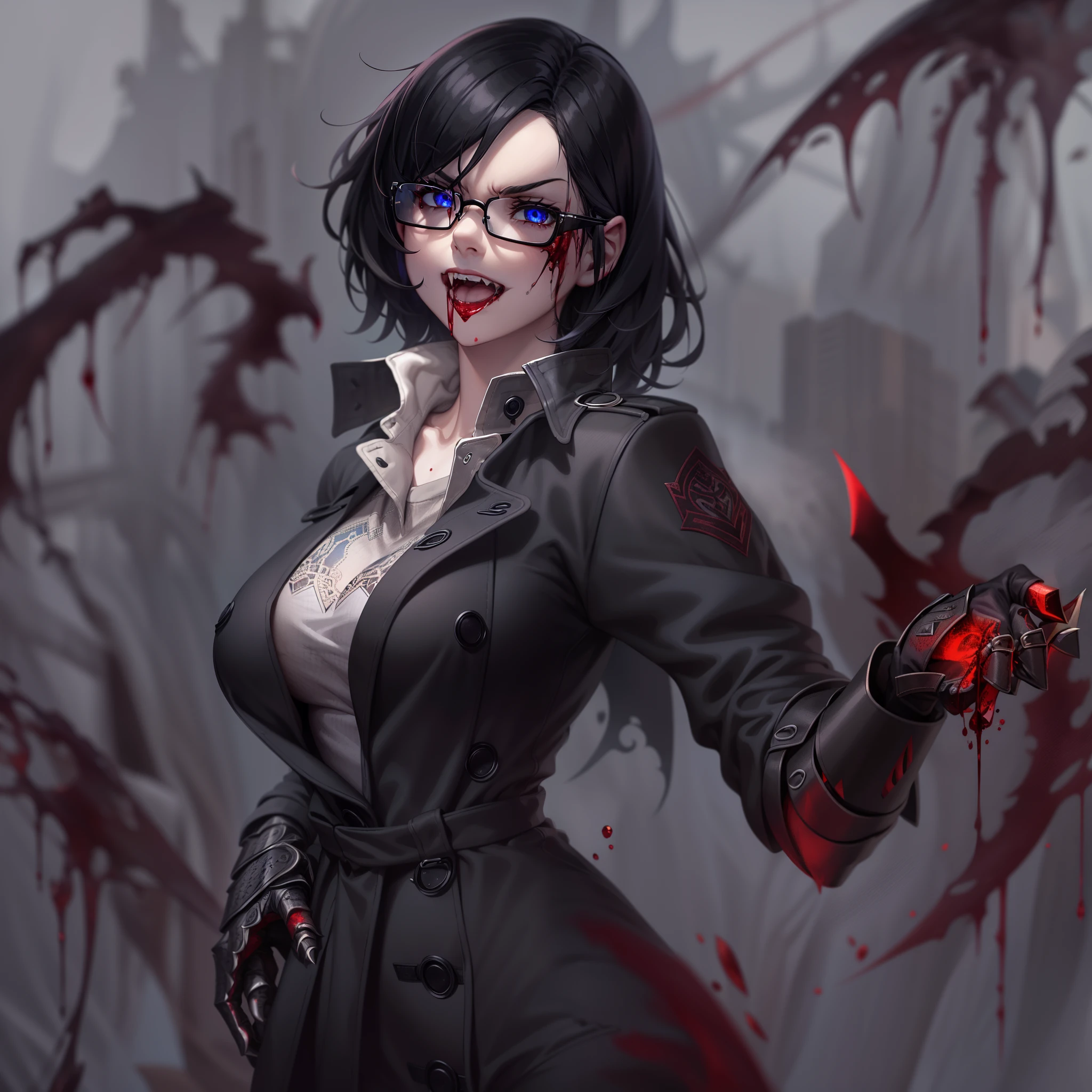 (High resolution, best quality, masterpiece) detail, intricate detail, realism, 1female, ((solo_focused)), single, one woman, physically fit, curvy, pale skin, vampire, fierce expression, dark eyes, (detailed eyes), red_rimmed eyes, sharpened fangs, black hair, short hair, full body, ((detailed hands)), ((pointed finger)), medium breast, beautiful, mature, dark aura surrounding her, malevolent energy, (topwear:(((shirt:black, trench_coat:black)), handwear:((gauntles) botottomwear:(pantlue))), blood dripping, glasses, dark tinted glasses, grinning, cocky expression, menacing, blood spatter, gore, haunted expression,