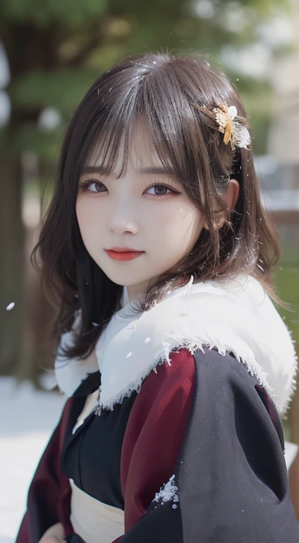 kimono、(top-quality,masterpiece:1.3,超A high resolution,),(ultra-detailliert,Caustics),(Photorealsitic:1.4,RAW shooting,)Ultra-realistic capture,A highly detailed,high-definition16Kfor human skin、 Skin texture is natural、、The skin looks healthy with an even tone、 Use natural light and color,One Woman,japanes,,kawaii,A dark-haired,Middle hair,(depth of fields、chromatic abberation、、Wide range of lighting、Natural Shading、)、、(Falling snow:1.3)、(Hair swaying in the wind:1.2)、(Snow reflects light:1.3)