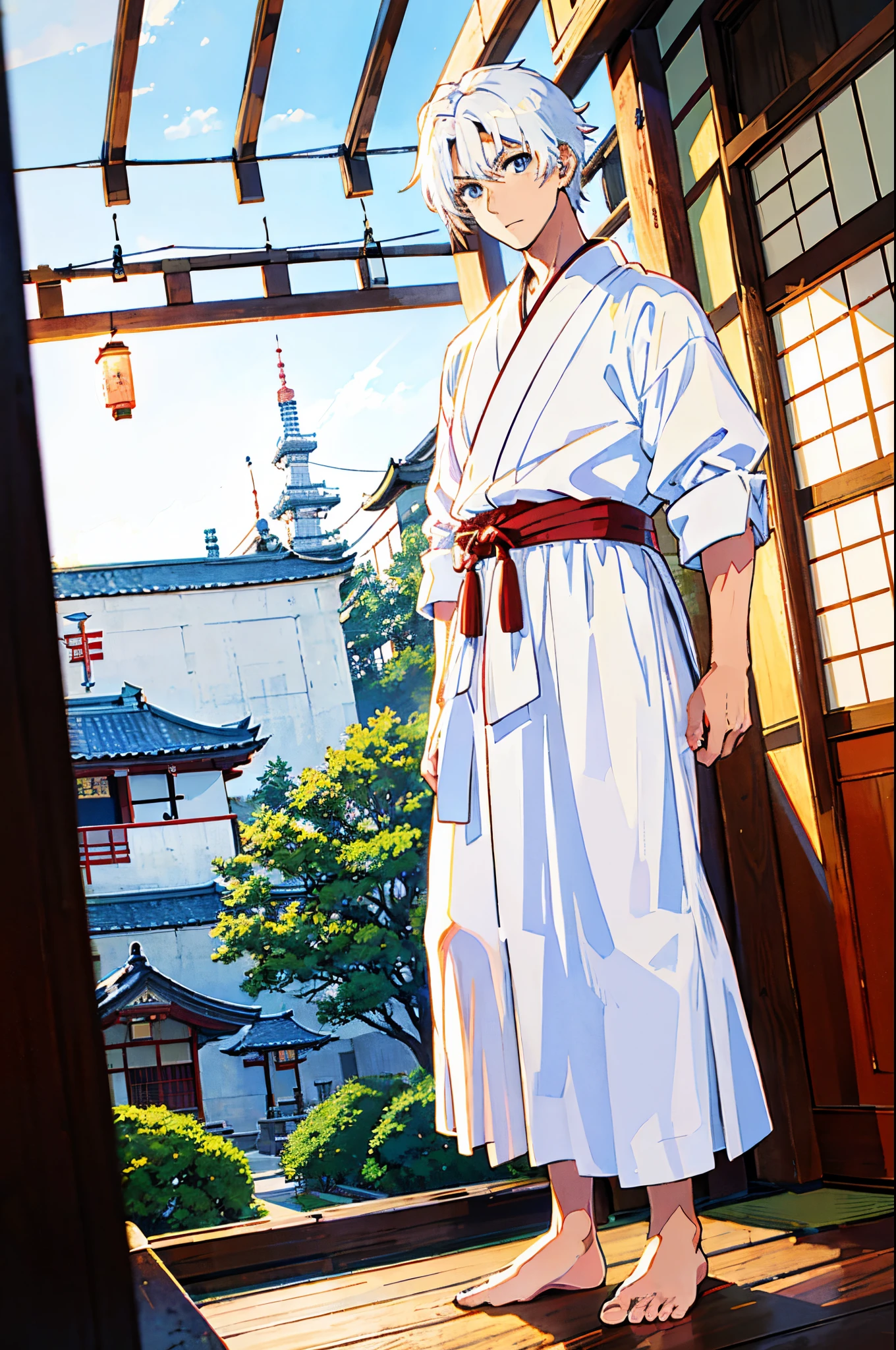 a boy, transformed into an anime style, white hair, with japanese hakama, japanese temple, young, calm, handsome